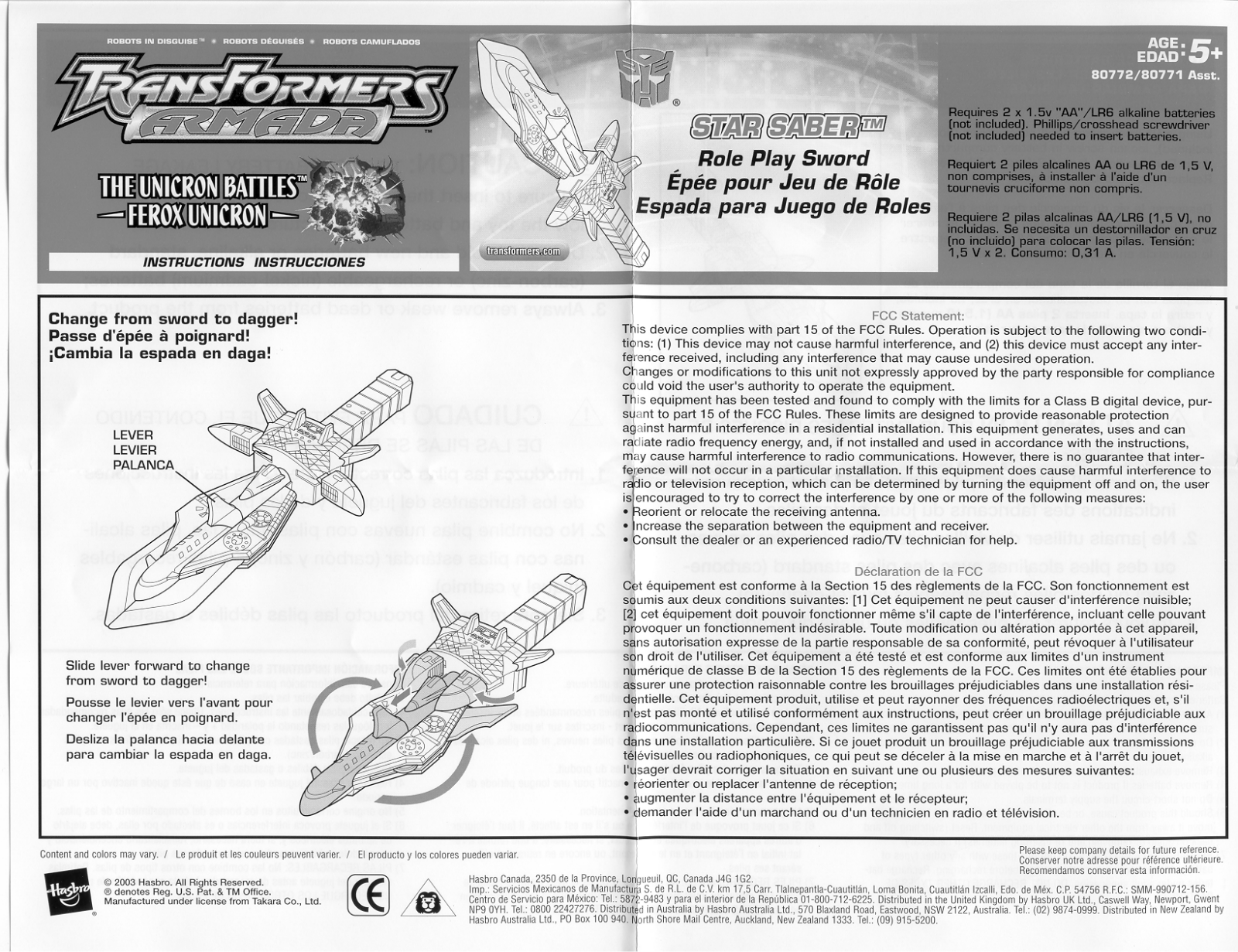 Hasbro TRANSFORMERS ARMADA STAR SABER SWORD ROLEPLAY User Manual