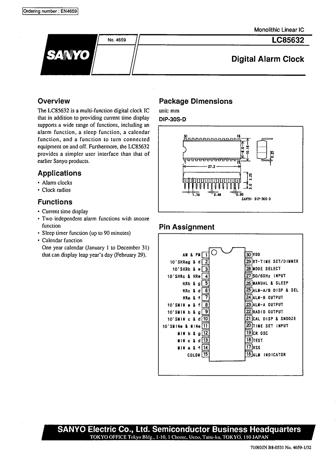 SANYO LC85632 Datasheet