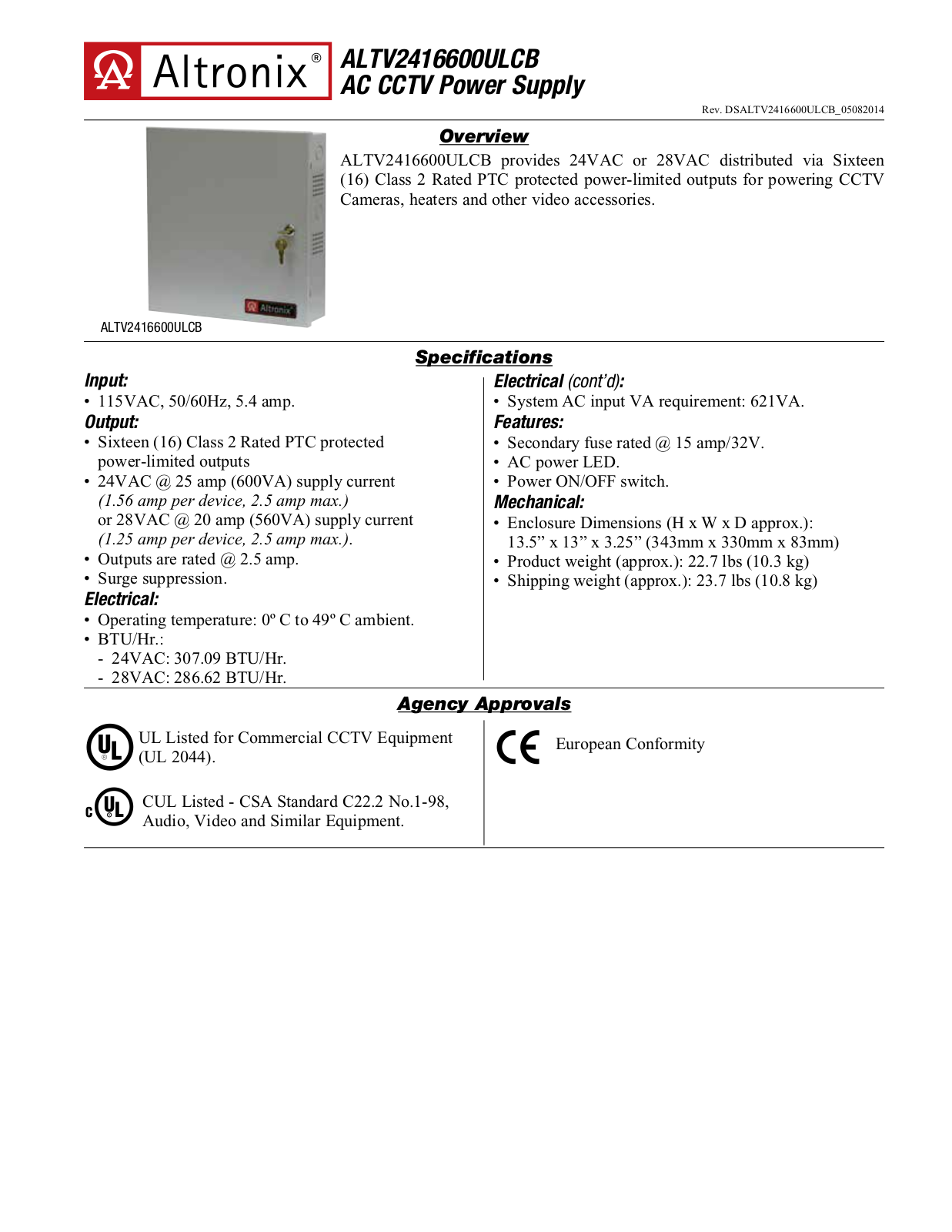 Altronix ALTV2416600ULCB Specsheet