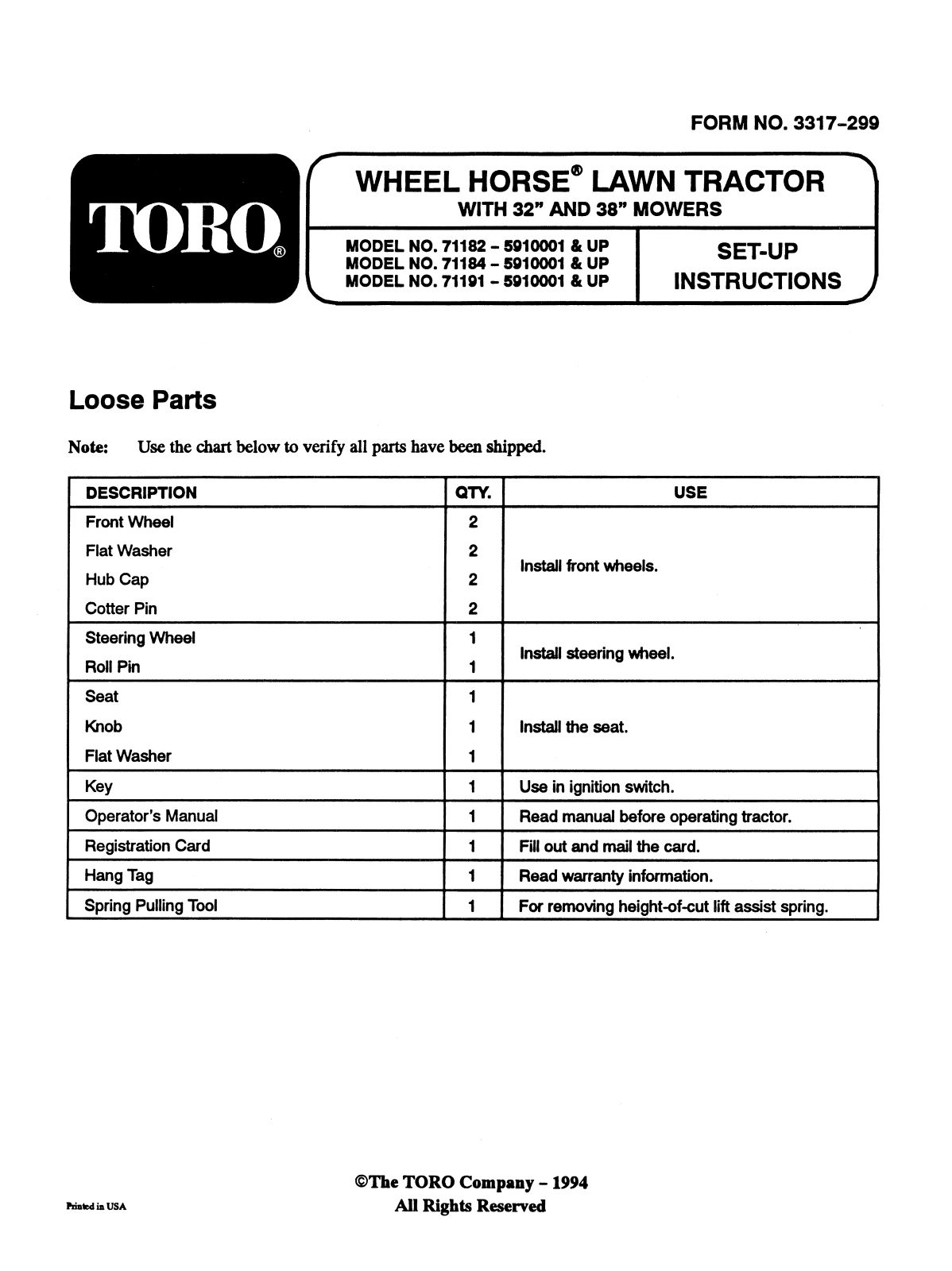 Toro 71182, 71184, 71191 Setup Instructions