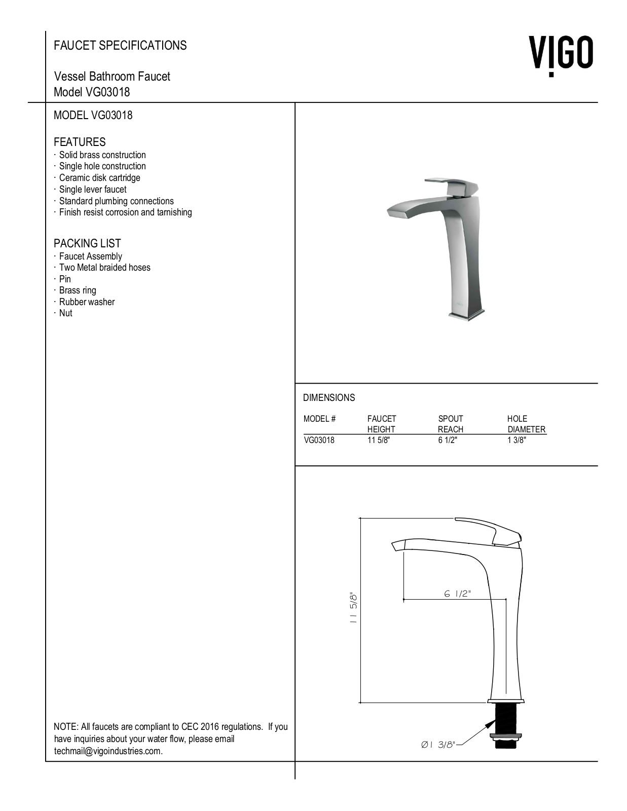 Vigo VGT1503 Specifications