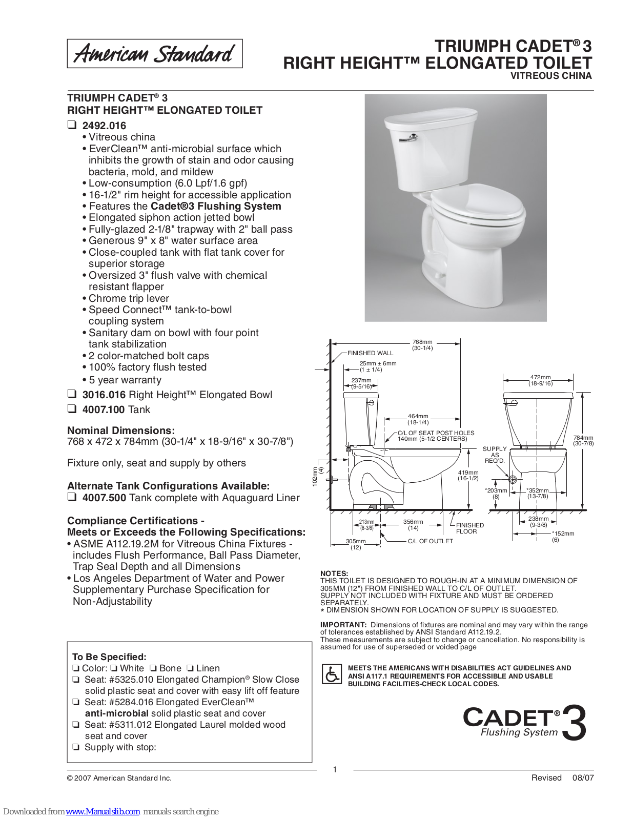 American Standard 2492.016, 3016.016, 4007.100 Specifications