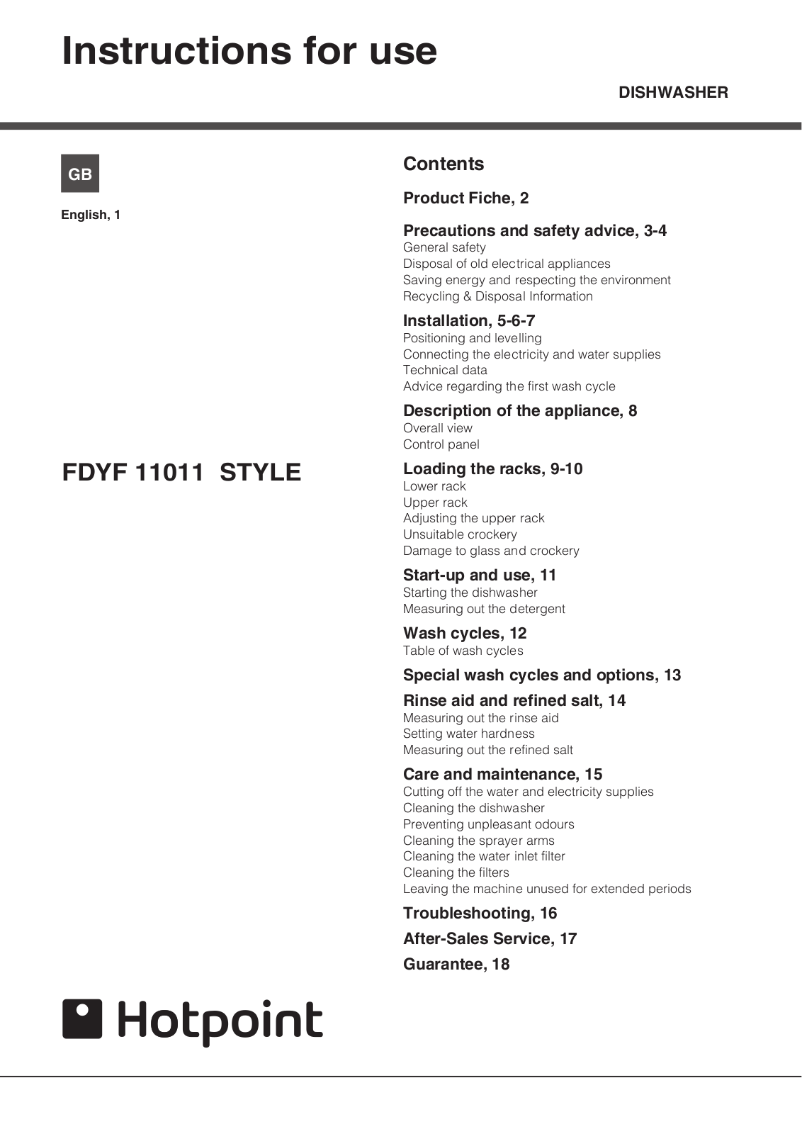 Hotpoint FDYF 11011 User Manual