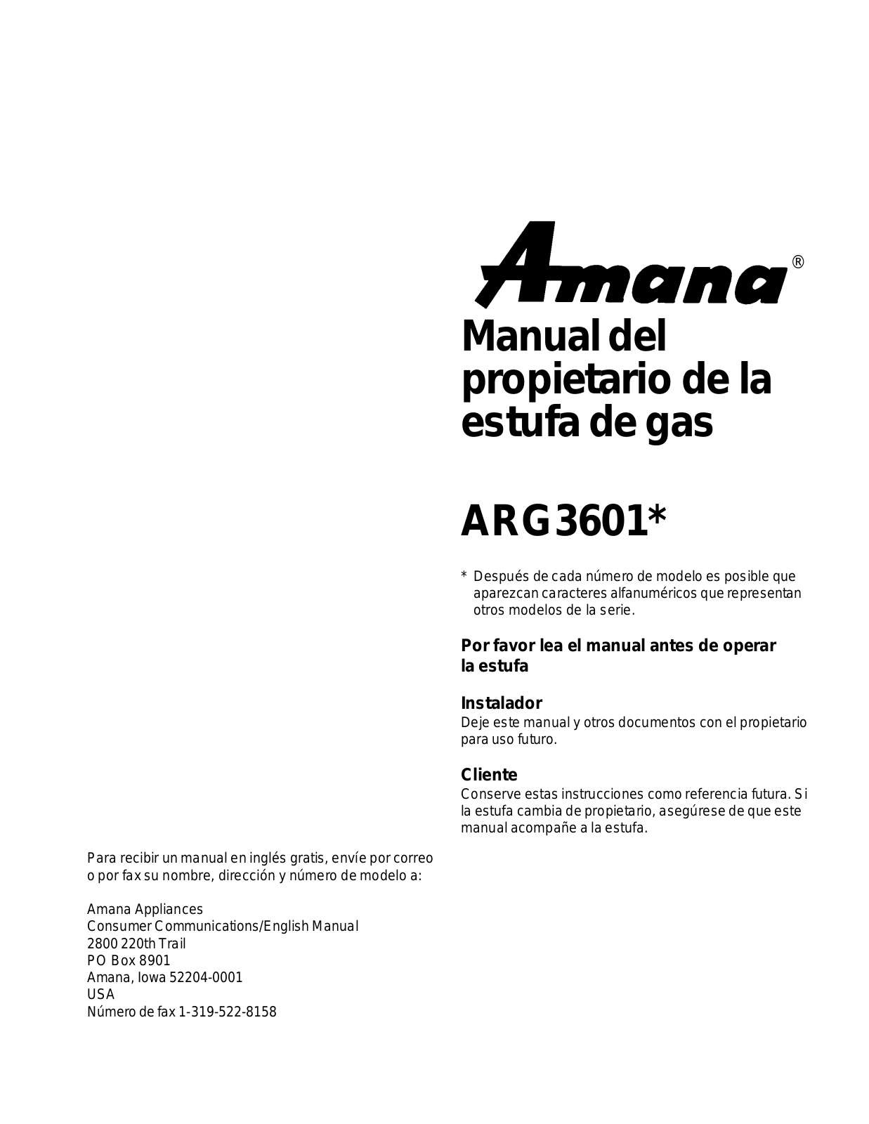 Amana ARG3601L, ARG3601LL, ARG3601W, ARG3601WW Owner's Manual