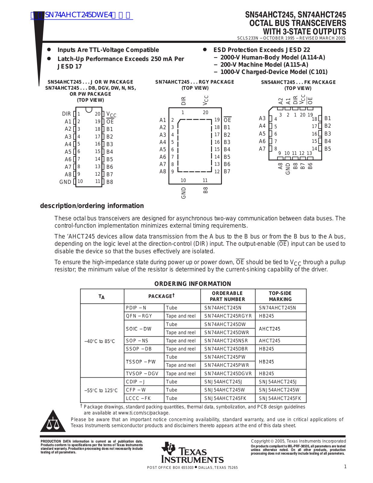 TEXAS INSTRUMENTS SN54AHCT245 Technical data