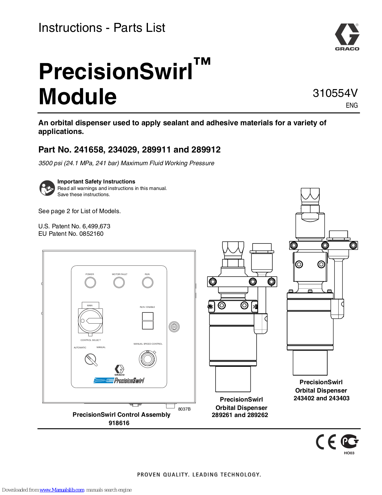 Graco PRECISIONSWIRL 310554V, PrecisionSwirl 241658, PrecisionSwirl 234029, PrecisionSwirl 289911, PrecisionSwirl 289912 Instructions-parts List Manual