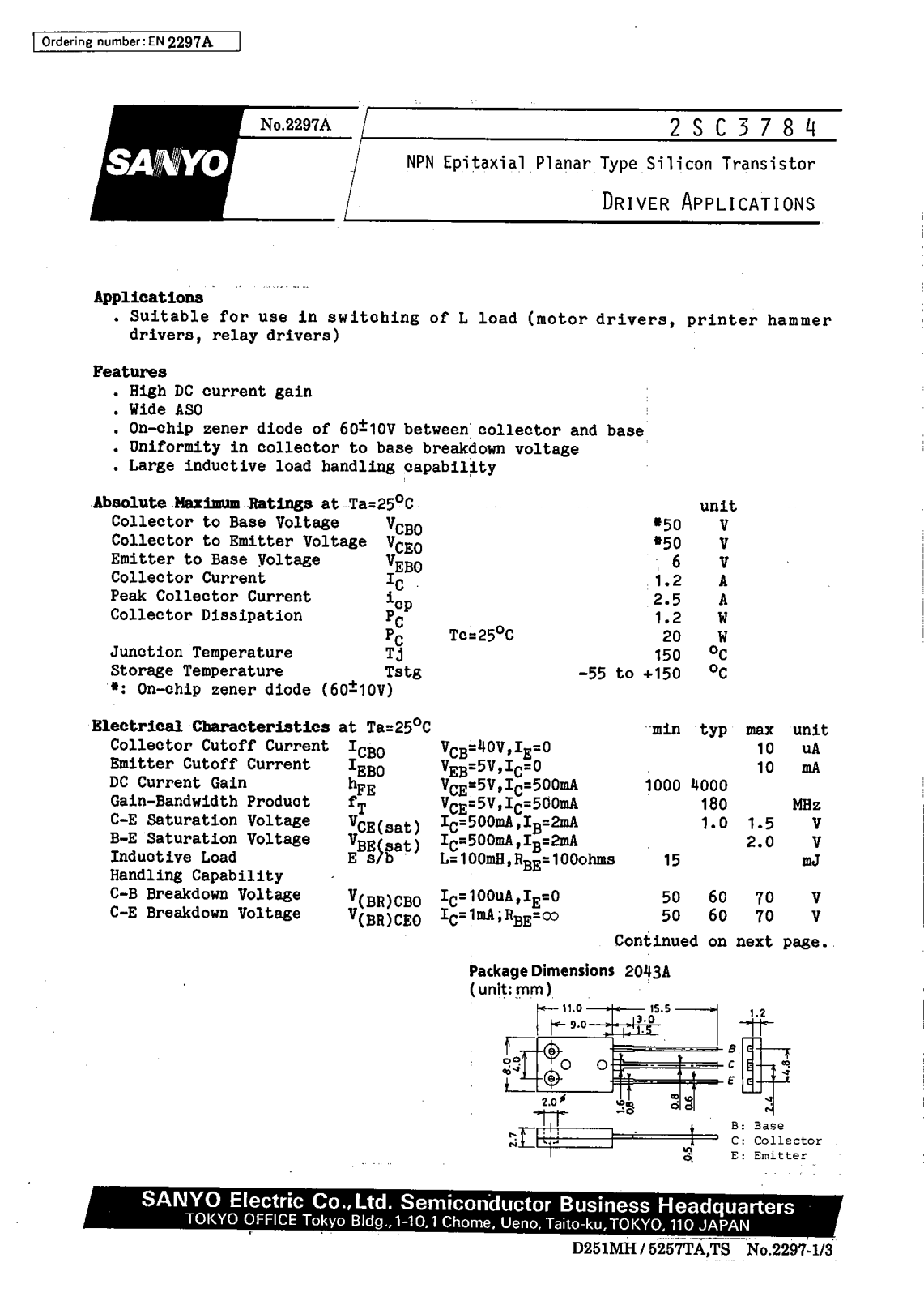 SANYO 2SC3784 Datasheet