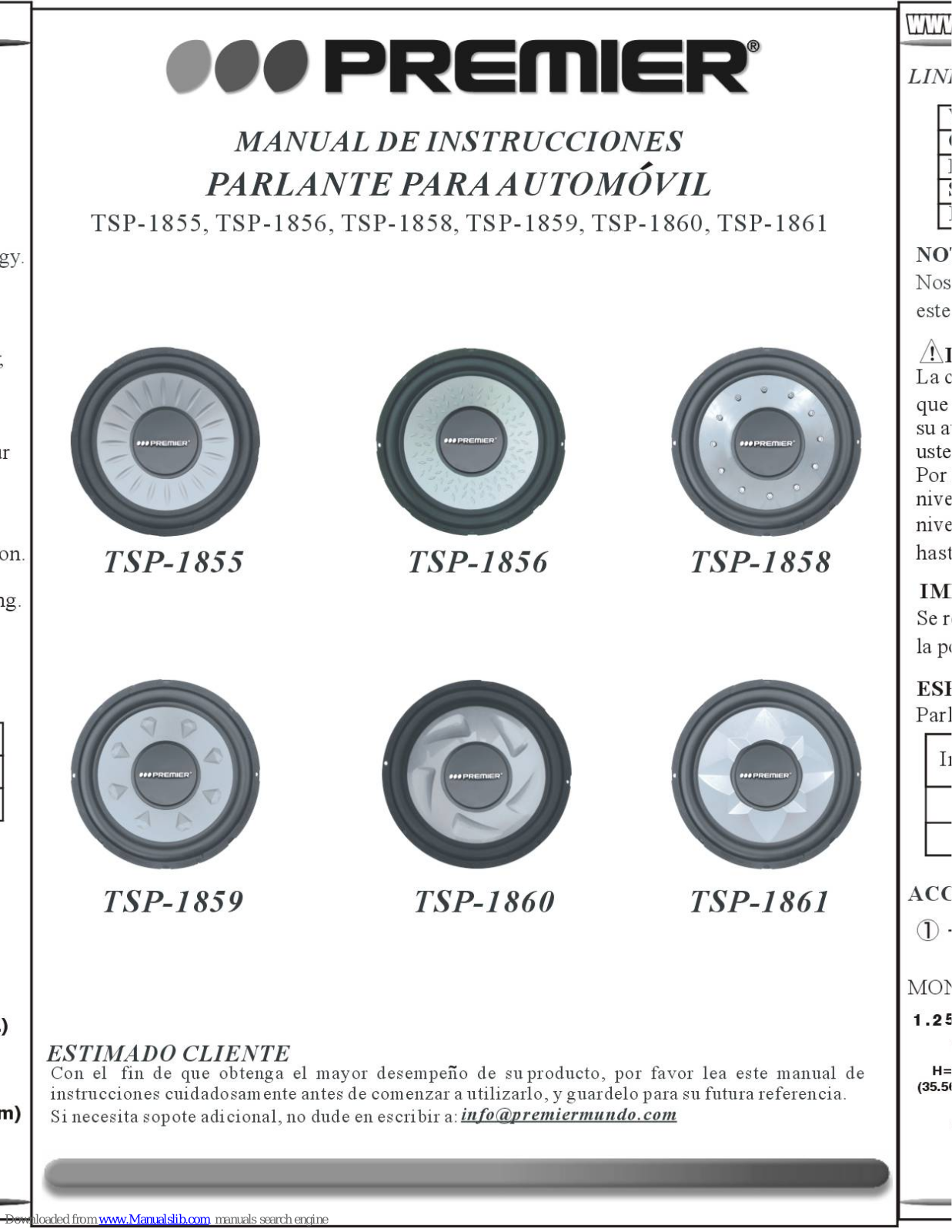 Premier TSP-1855, TSP-1859, TSP-1856, TSP-1860, TSP-1861 Instruction Manual - ManualMachine.com