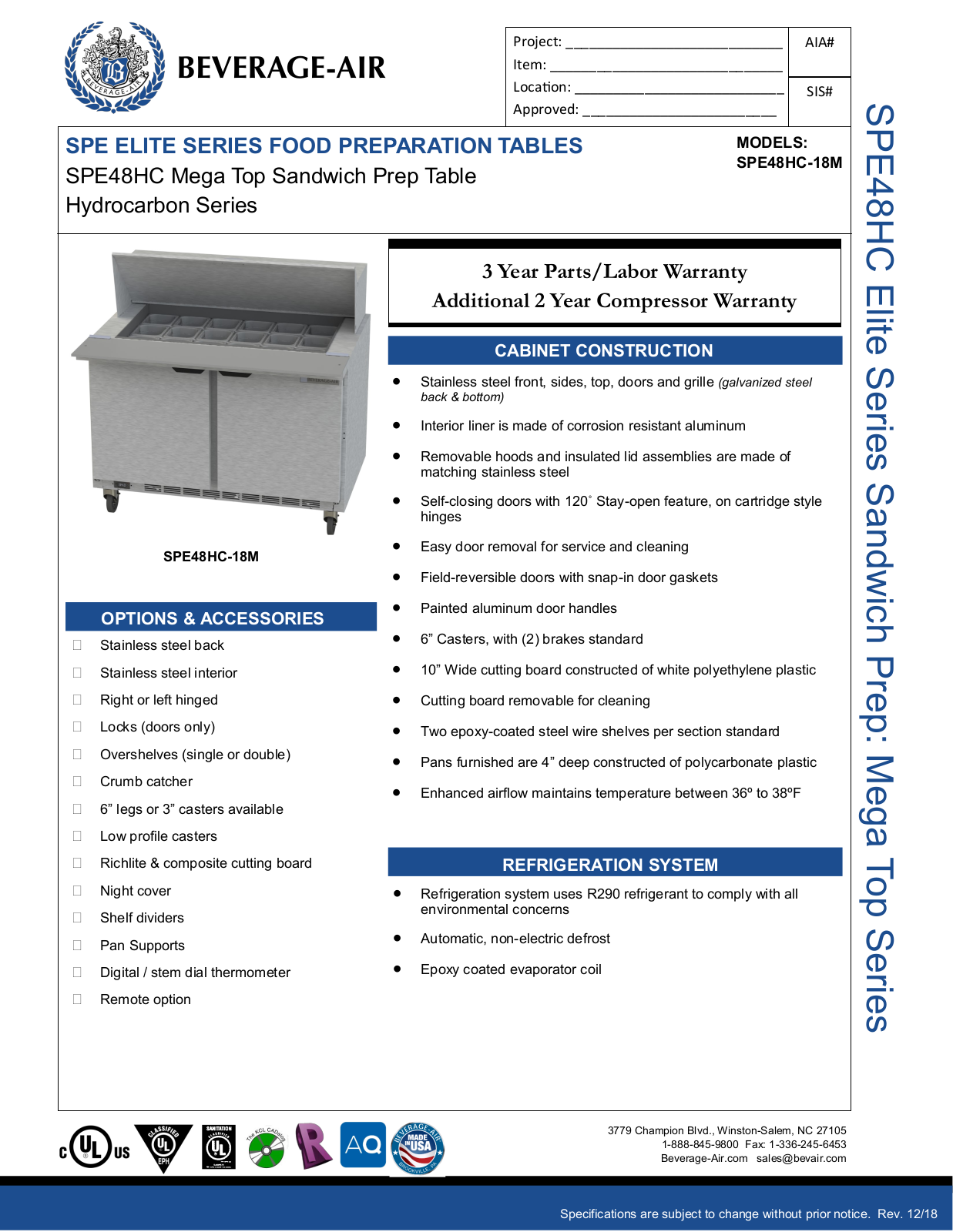 Beverage-Air SPE48HC18M Specifications