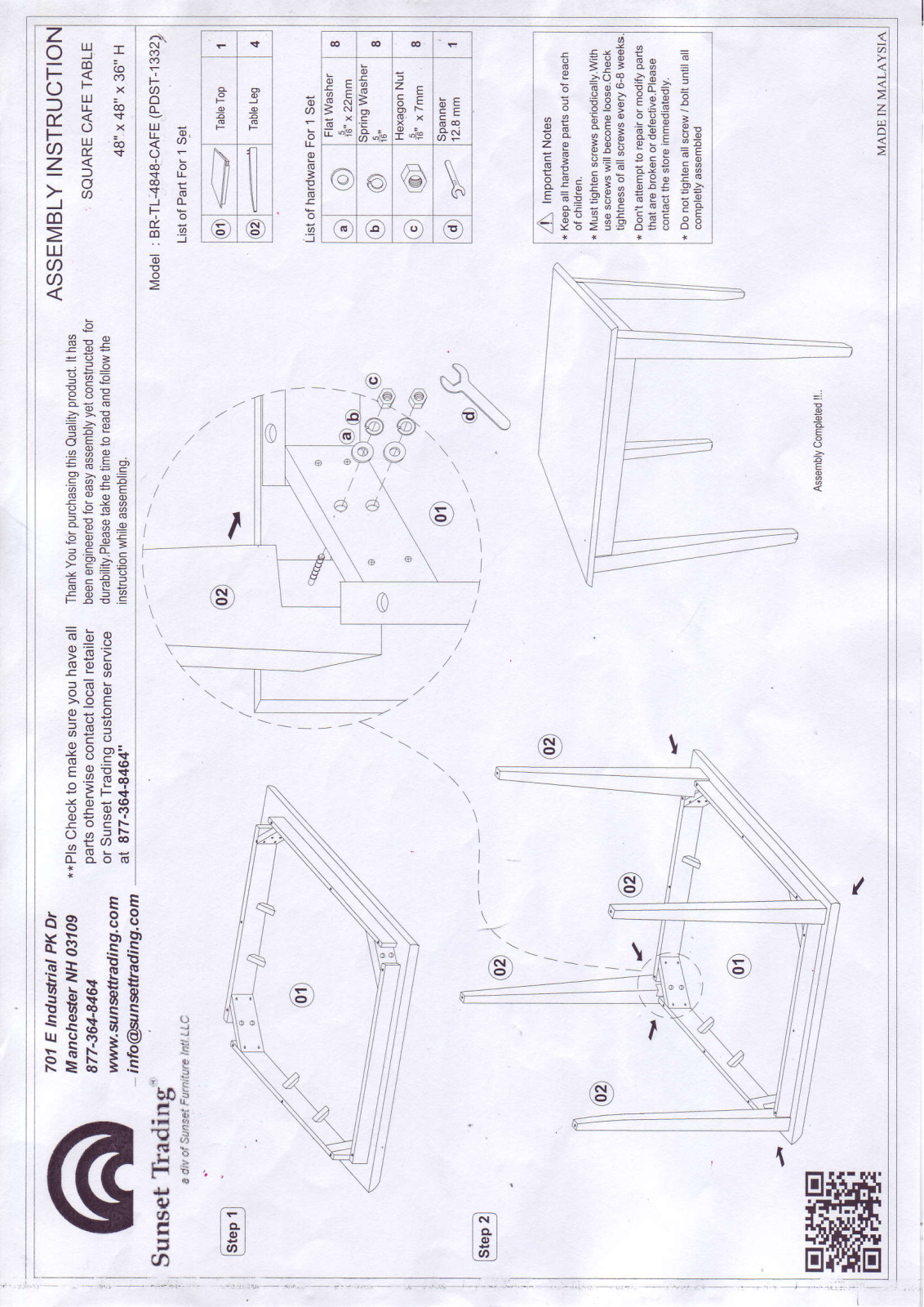 Sunset Trading DLUBR4848CBPW Assembly Guide