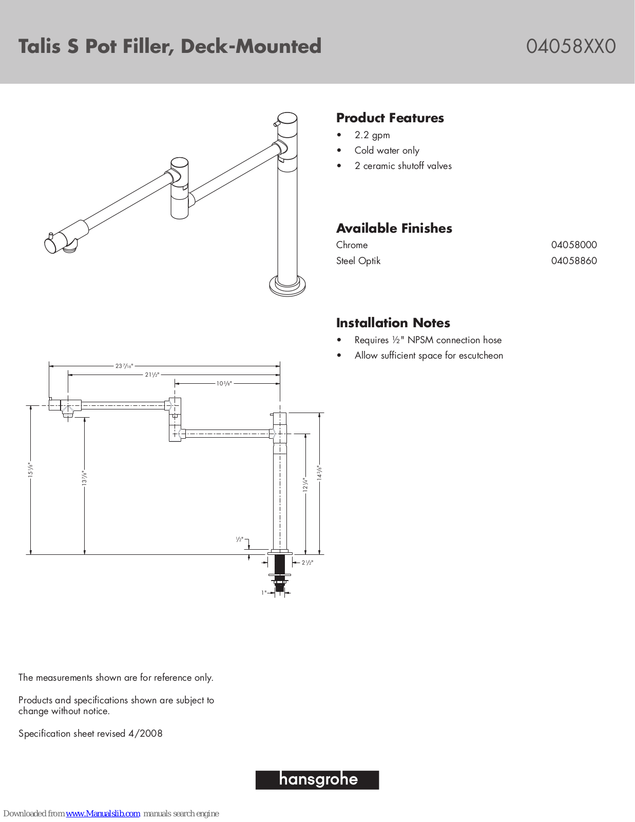 Axor 04058000, 04058860 Installation Notes