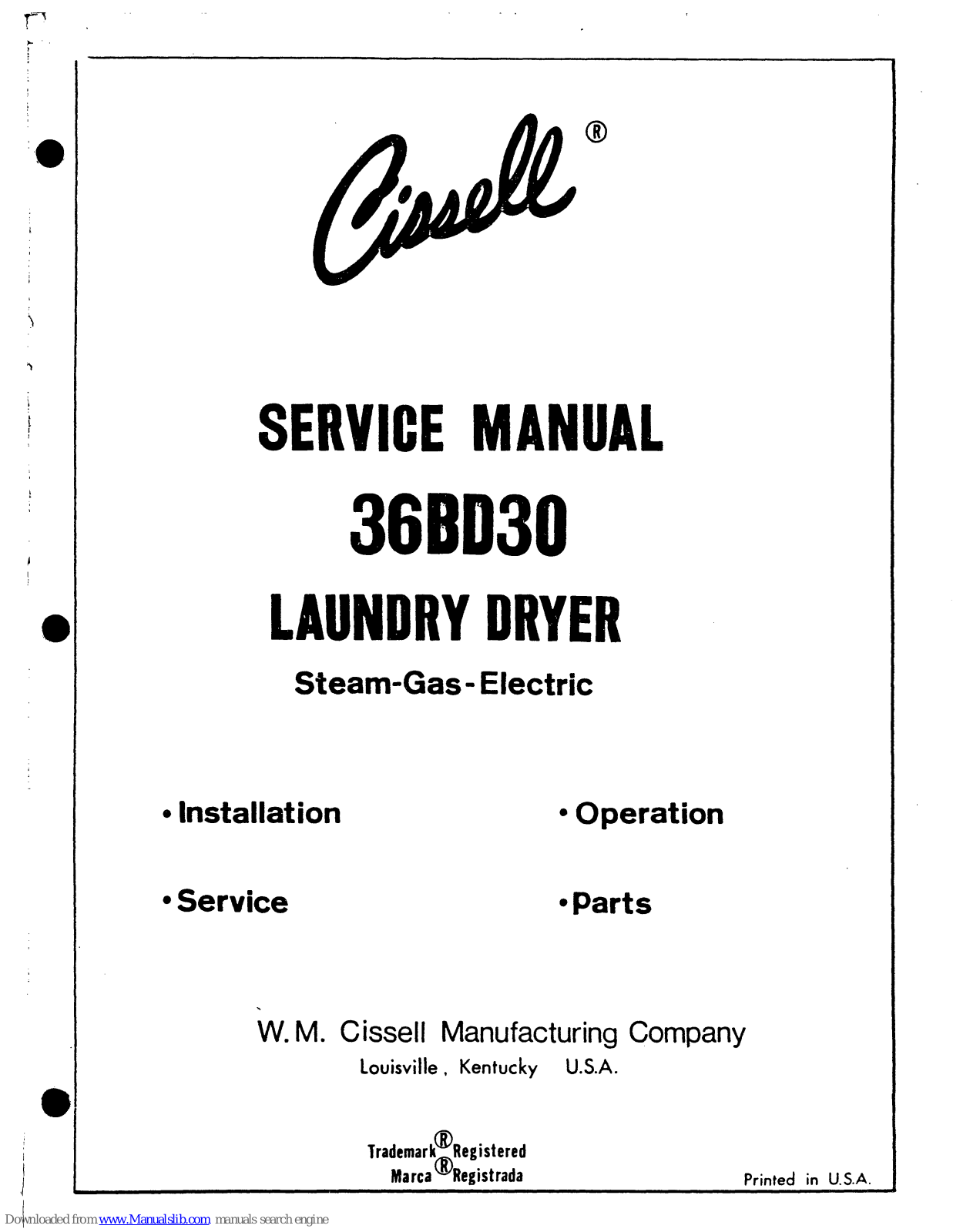 Cissell 36BD30 Serveice Manual