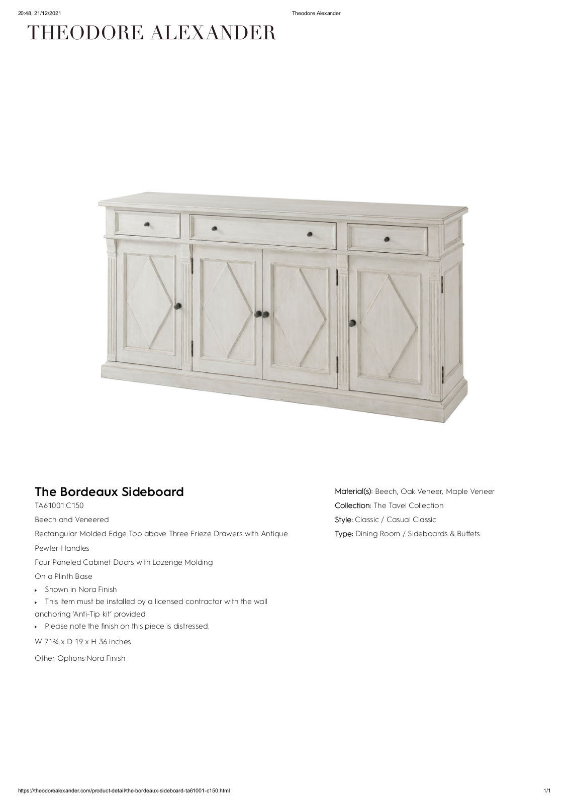 Theodore Alexander FPLJ3825 Specifications