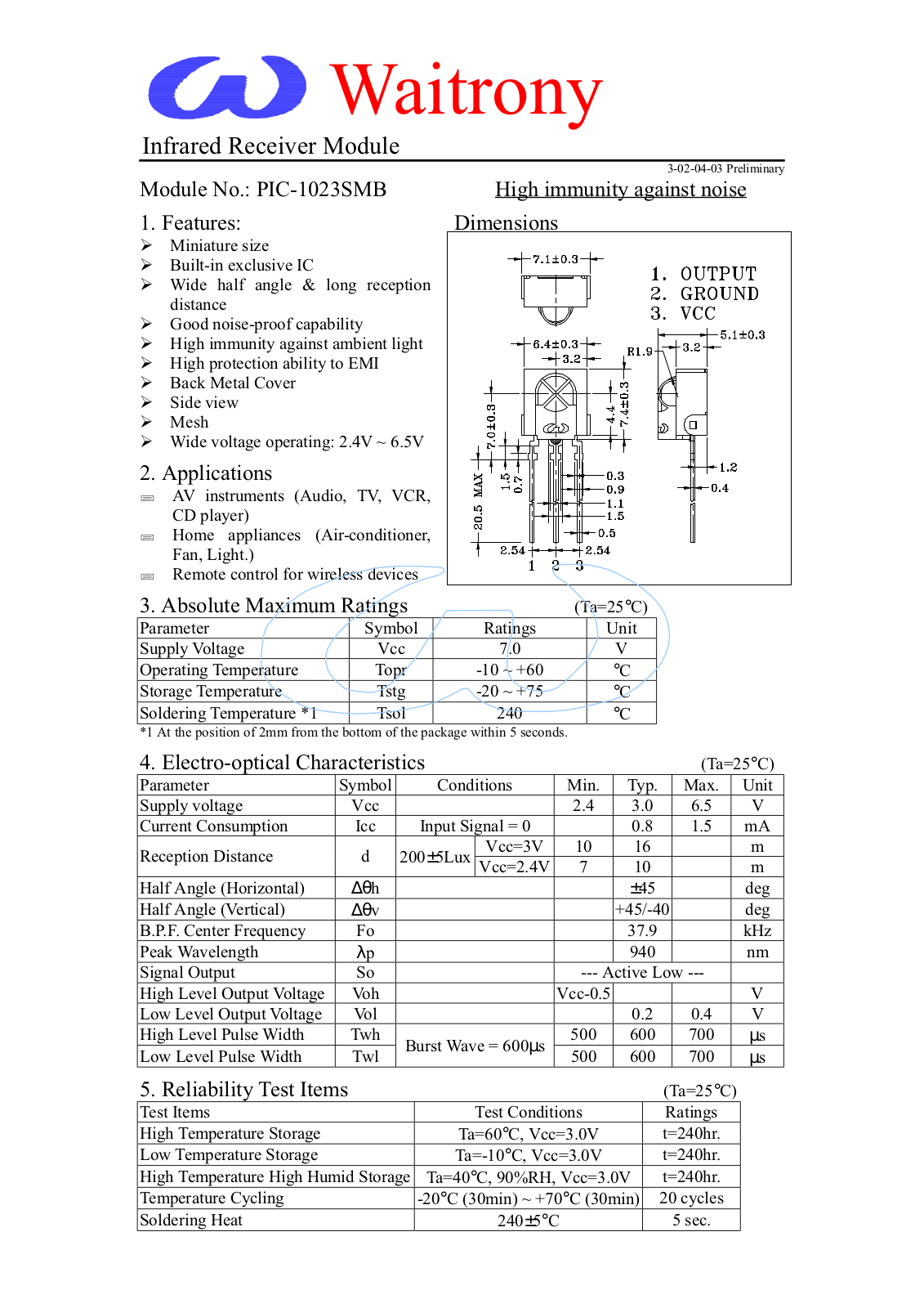 WAITRONY PIC-1023SMB Datasheet