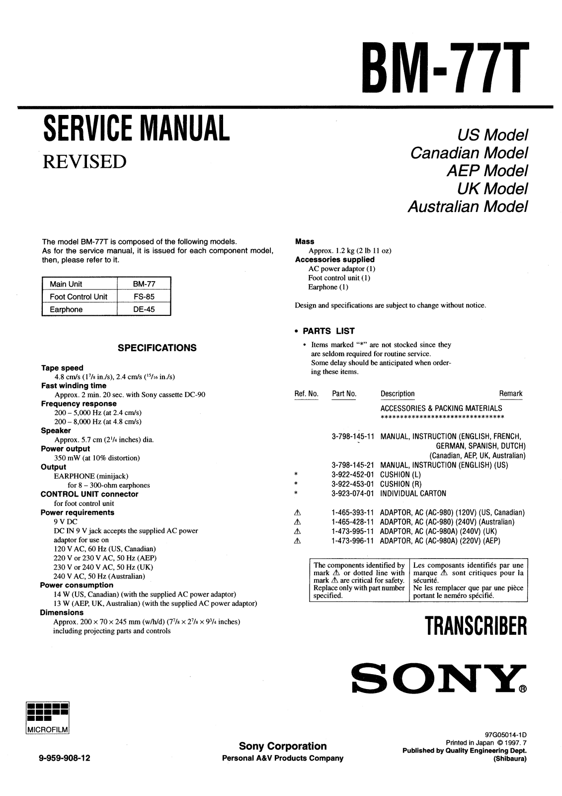 Sony BM-77T Service Manual