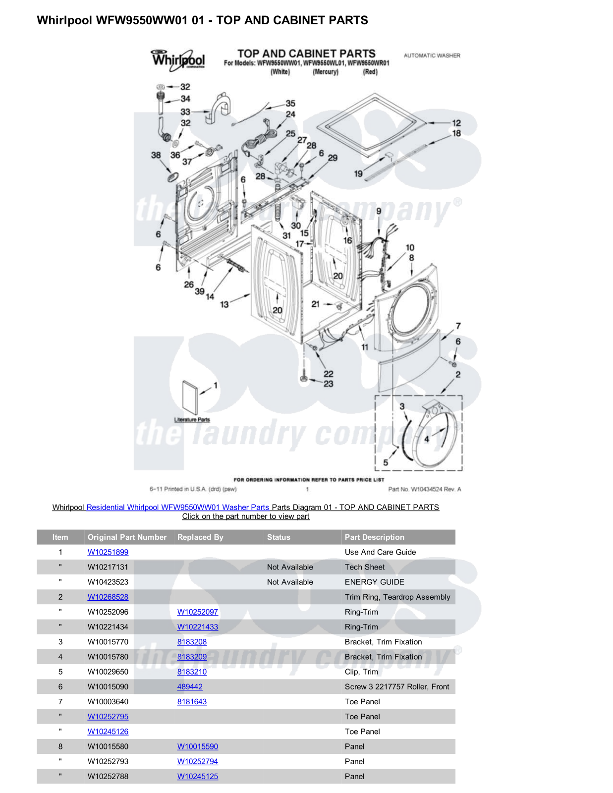 Whirlpool WFW9550WW01 Parts Diagram