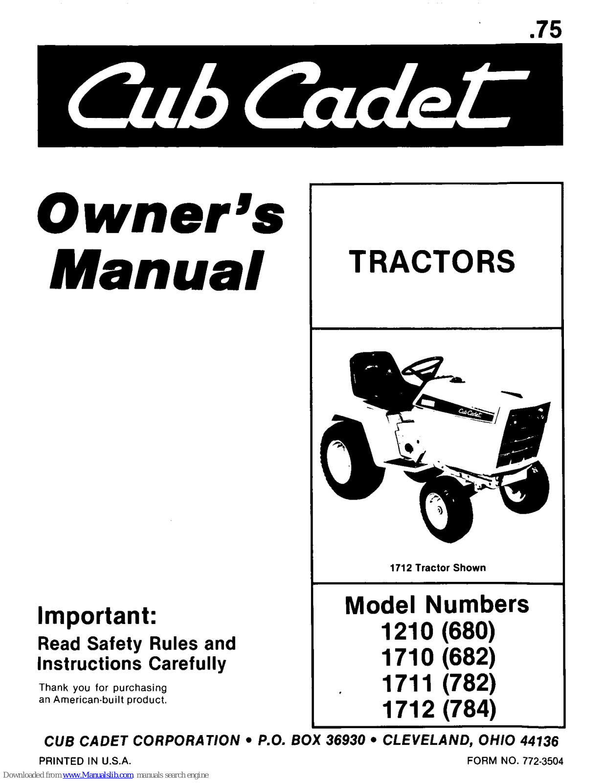 Cub Cadet 1710, 1711, 1712, 680, 682 Owner's Manual