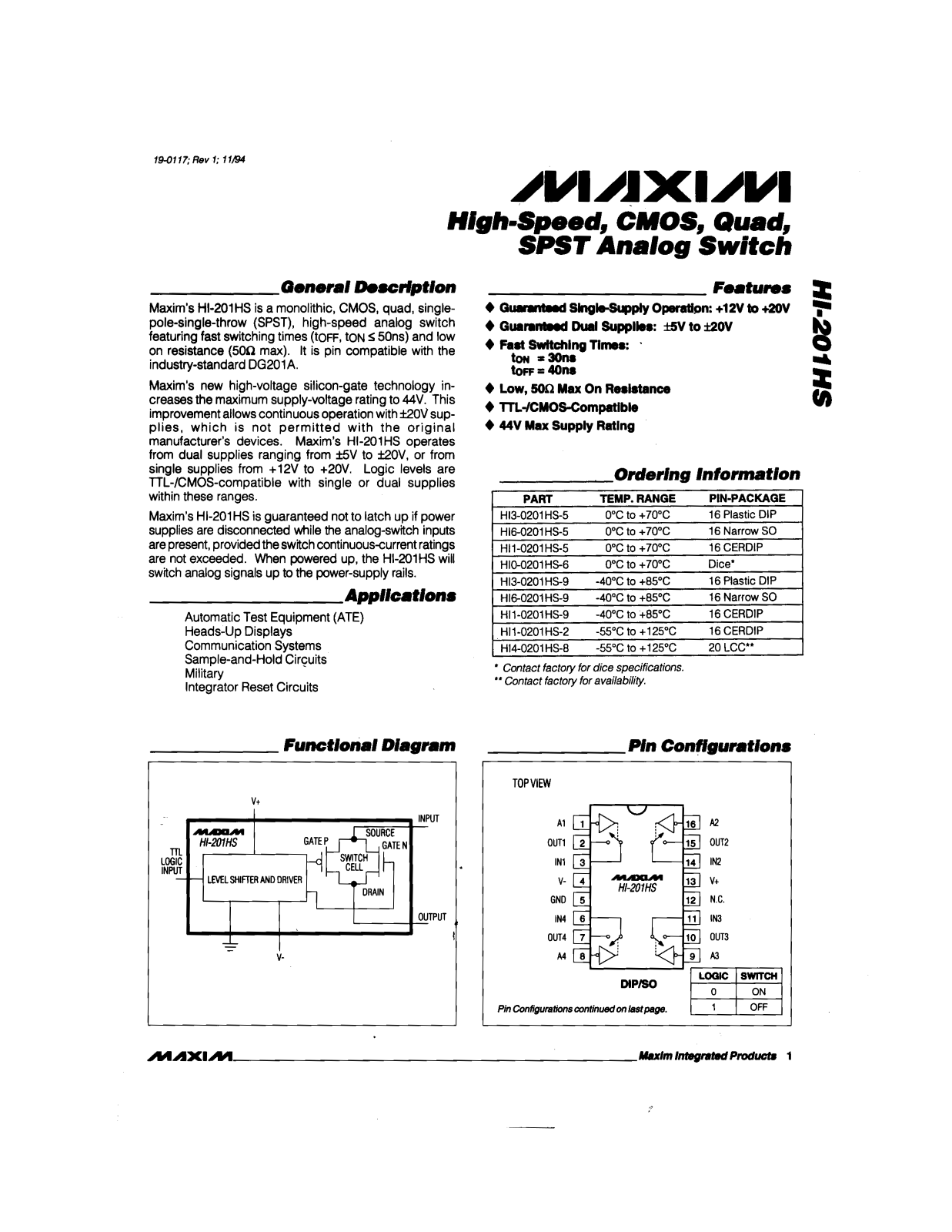 Maxim Integrated Producs HI6-0201HS-9, HI6-0201HS-5, HI4-0201HS-8, HI1-0201HS-5, HI1-0201HS-2 Datasheet