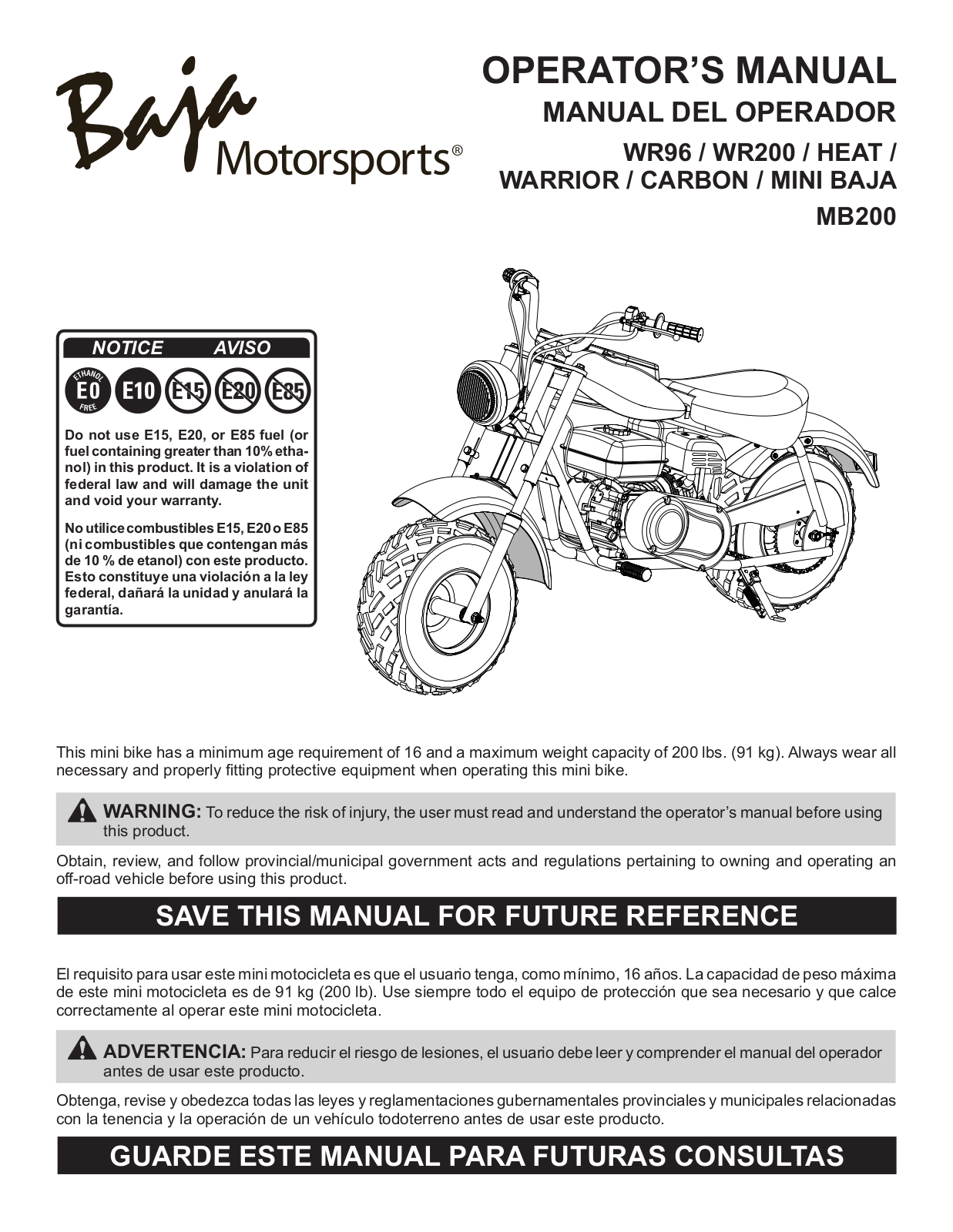 Baja Motorsports MB200 Operator's Manual