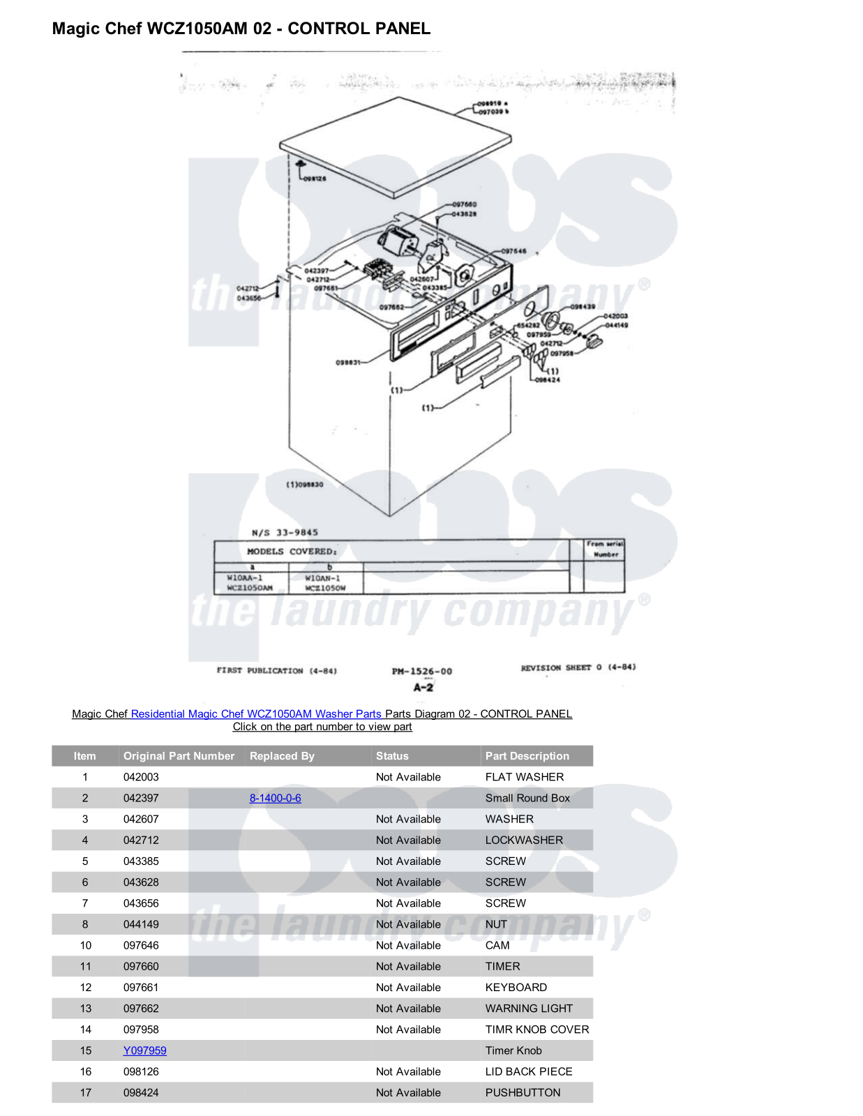 Magic Chef WCZ1050AM Parts Diagram