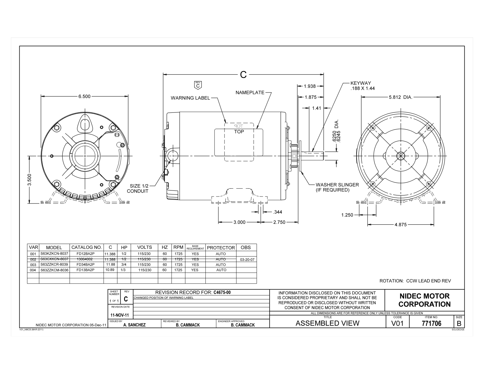 US Motors FD12BA2P, FD34BA2P, FD13BA2P Dimensional Sheet