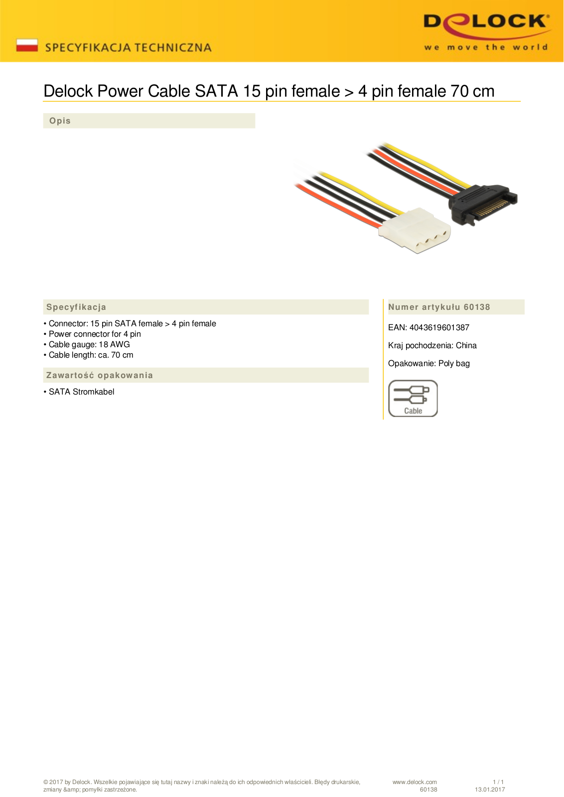 DeLOCK power cable SATA 15-Pin plug on molex 4-Pin socket, 0.70m User Manual