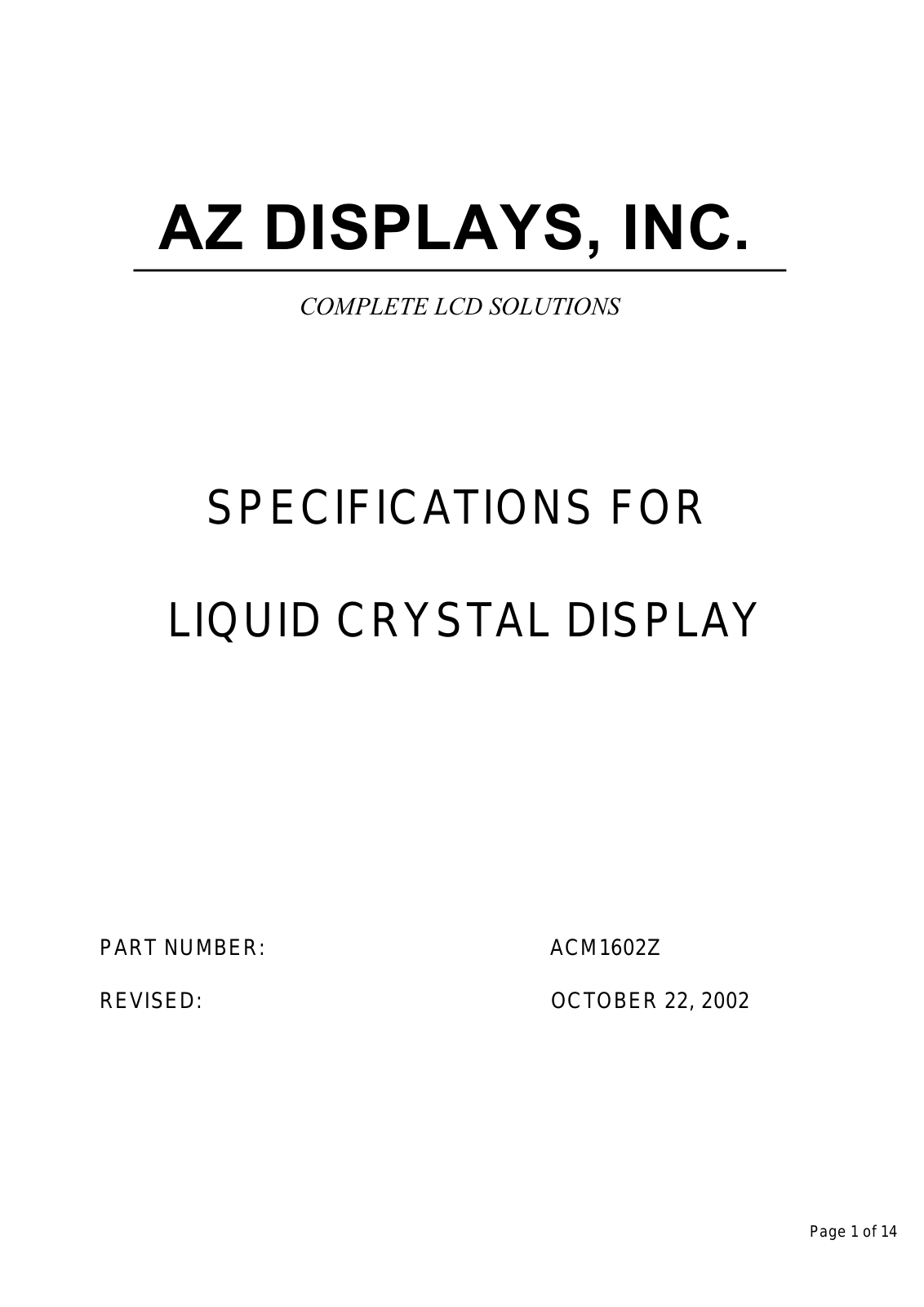 AZDIS ACM1602Z-RYTW-T, ACM1602Z-RYTH-T, ACM1602Z-RYBW-T, ACM1602Z-RYBH-T, ACM1602Z-RGTH-T Datasheet