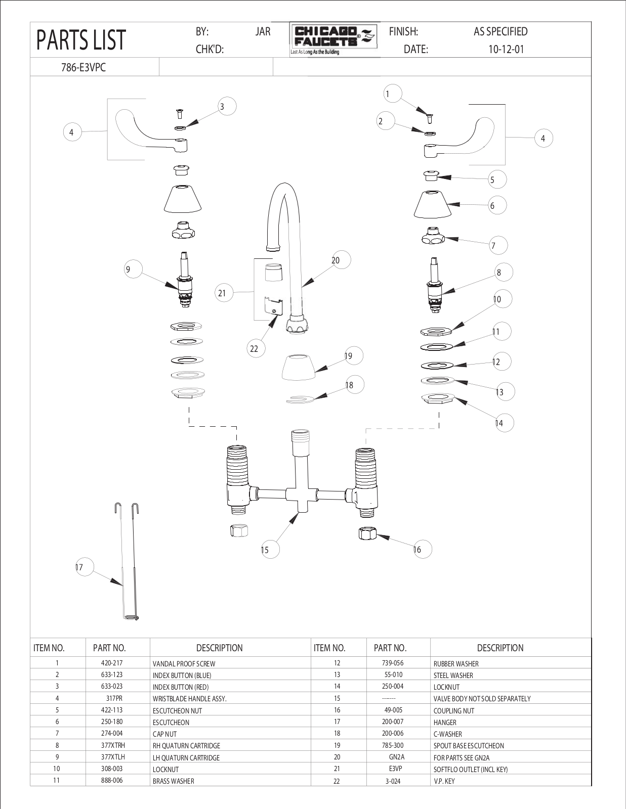 Chicago Faucet 786-E3VPC Parts List