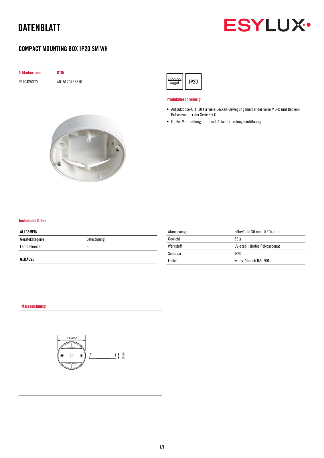 ESYLUX IP20 SM WH User Manual