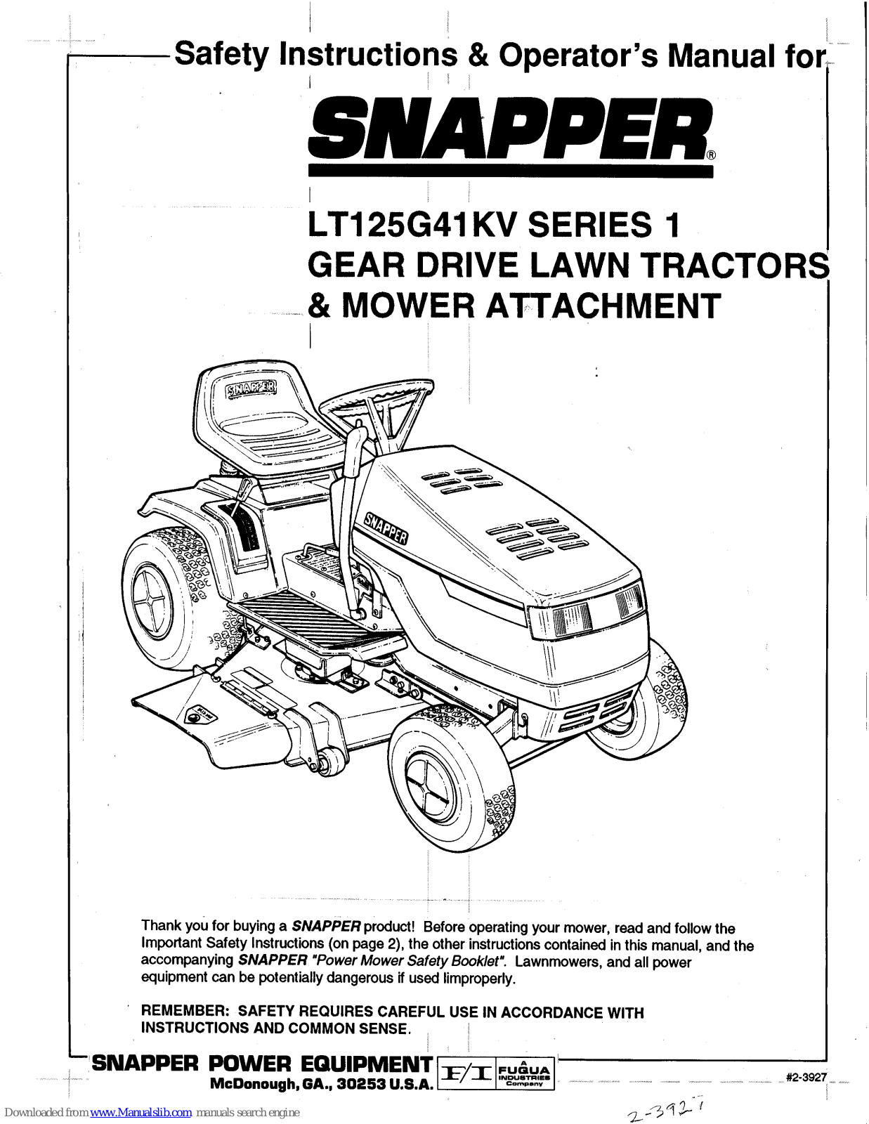 Snapper LT125G41KV Series 1 Safety Instructions & Operator's Manual