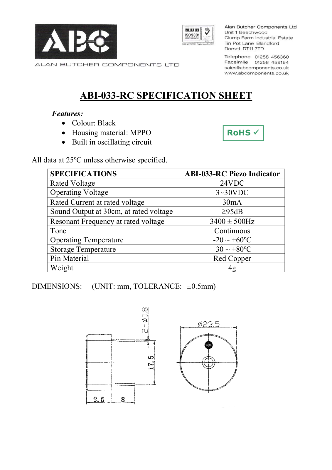 ABC ABI-033-RC SPECIFICATION SHEET