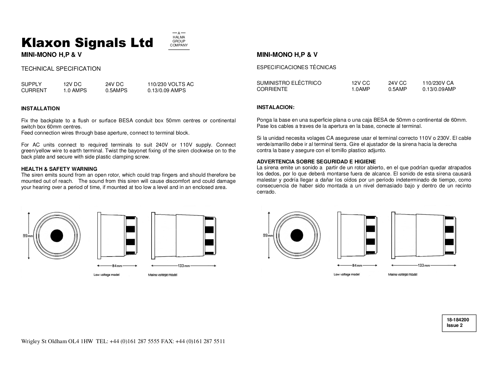 Klaxon Mini Mono P, Mini Mono H, Mini Mono V Installation Instruction