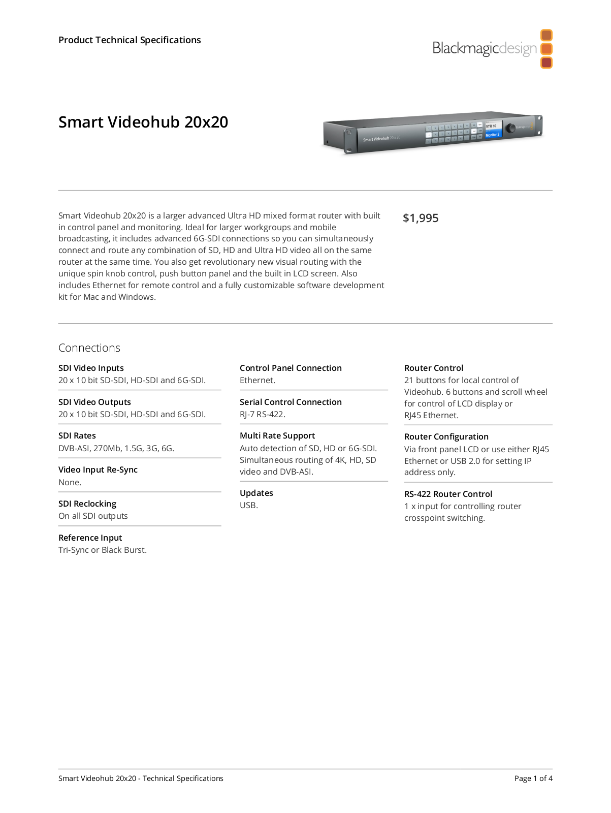 Blackmagic Design Smart Videohub 20x20 Specifications