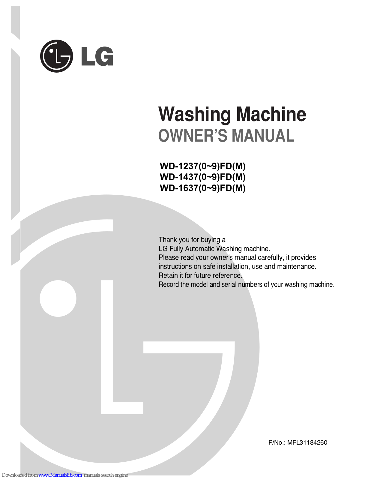 LG WD-1437, WD-1237, WD-1637, WD-1237(0-9)FD(M) Series, WD-1437(0-9)FD(M) Series Owner's Manual