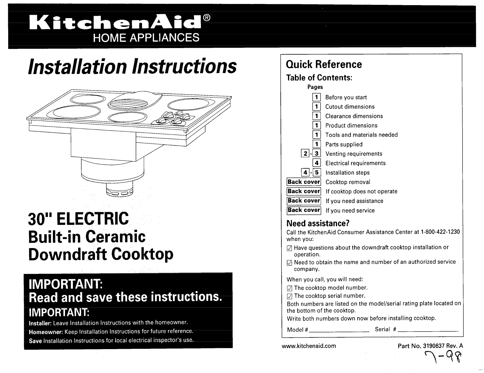 KitchenAid KECD805EWH0 Installation Instruction