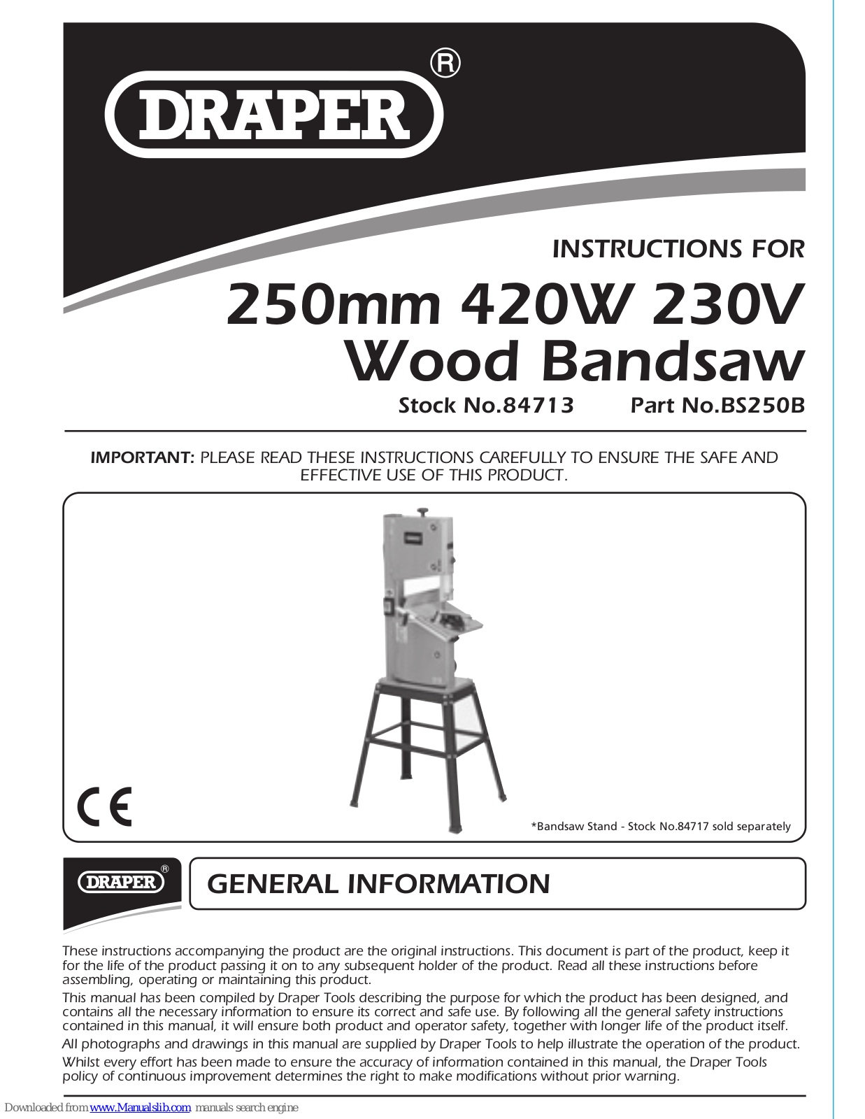 Draper BS250B, 84713 Instructions Manual - ManualMachine.com