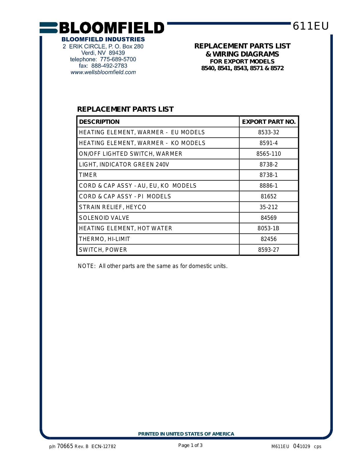 Bloomfield 8540 Service Manual