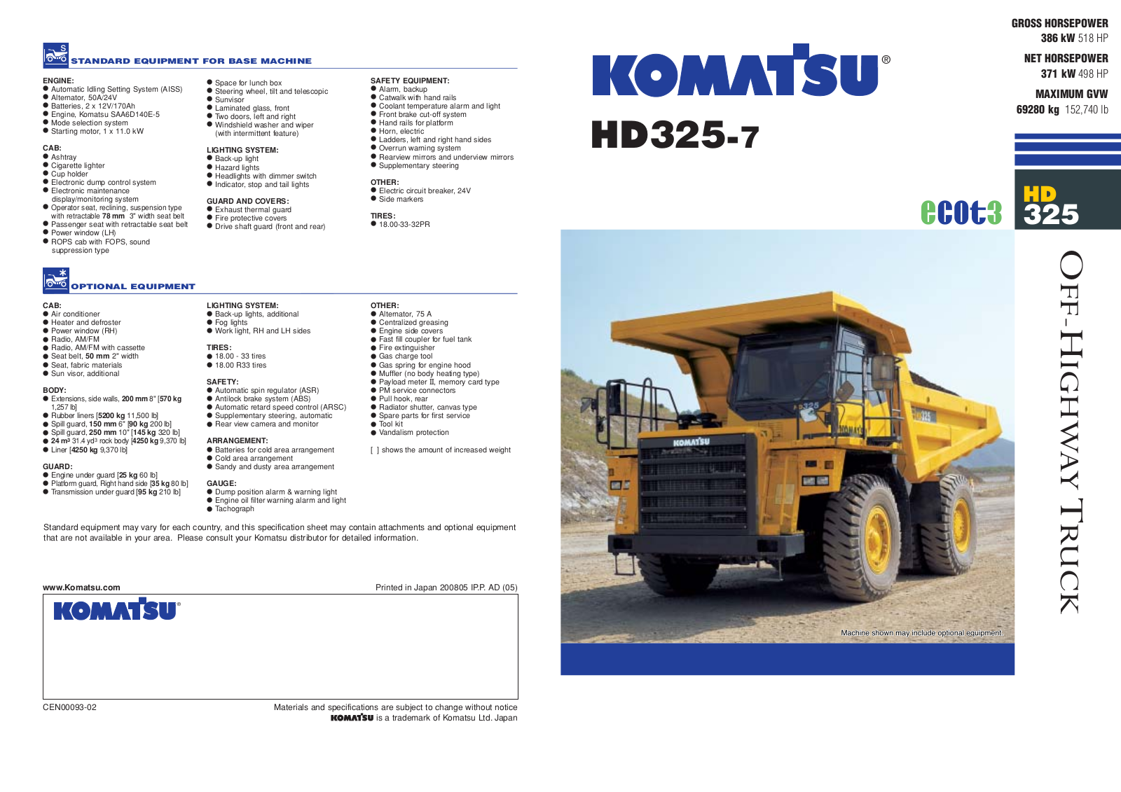 komatsu HD325-7 SPECIFICATIONS