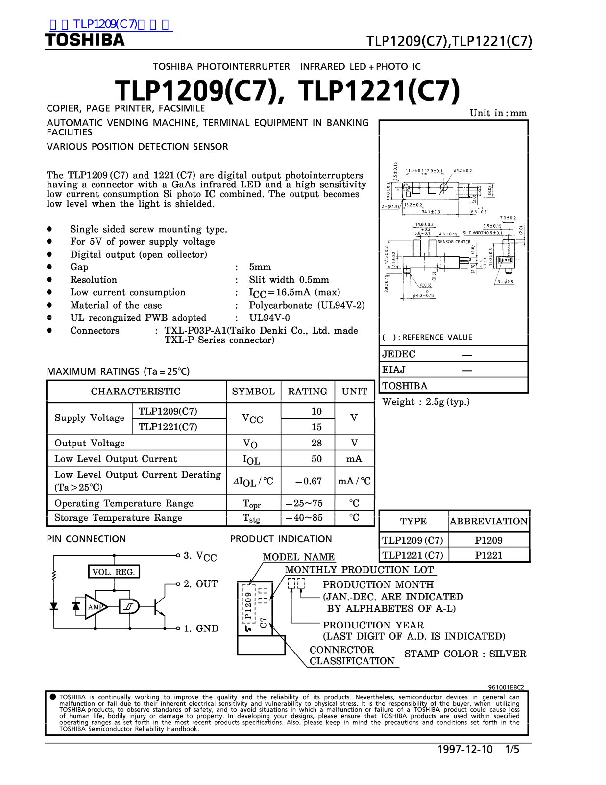 TOSHIBA TLP1209-C7, TLP1221-C7 Technical data