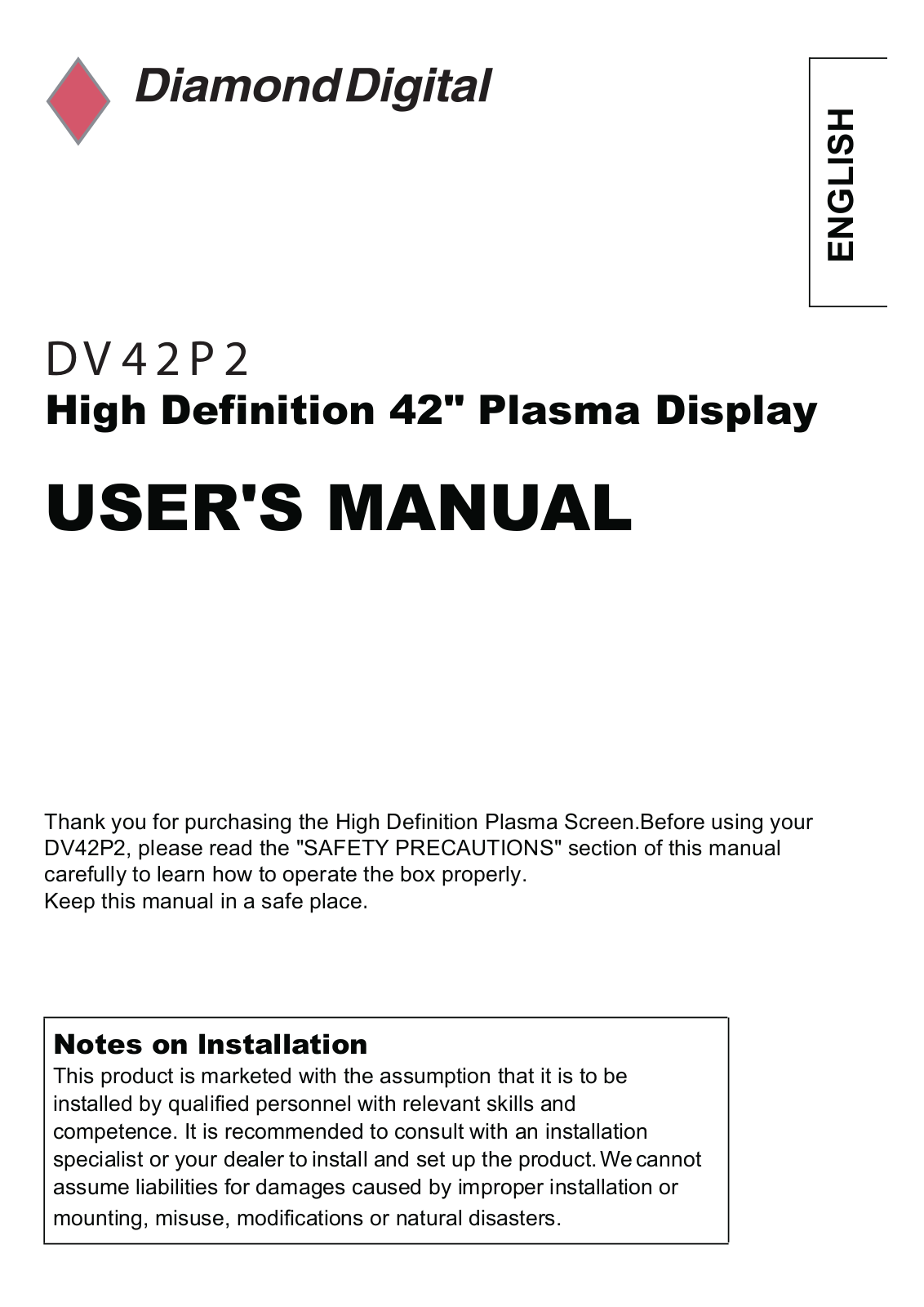 Mitsubishi DIAMOND DIGITAL DV42P2 User Manual