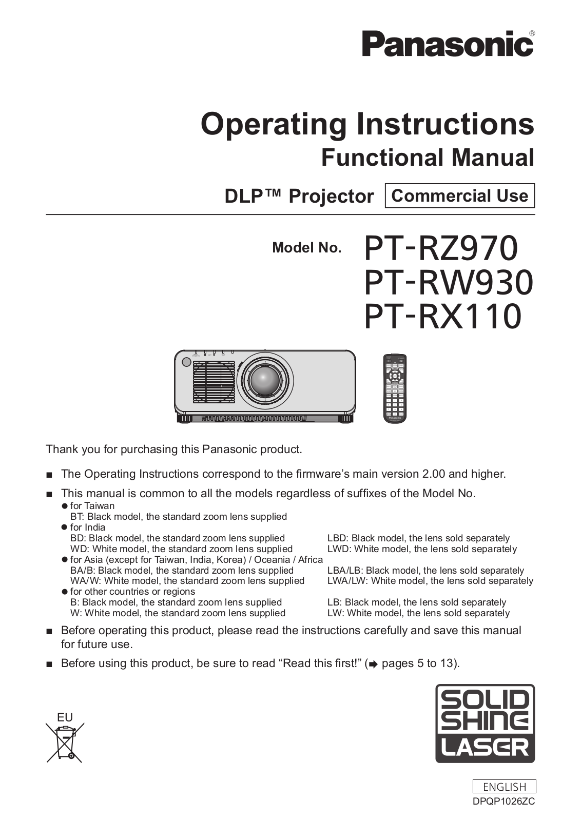 Panasonic PT-RZ970WU, PT-RZ970LWU, PT-RX110WU, PT-RX110LWU, PT-RW930WU User Manual