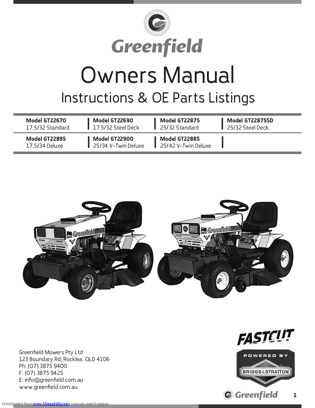 Greenfield GT22875, GT22875SD, GT22690, GT22670, GT22895 Owner's Manual