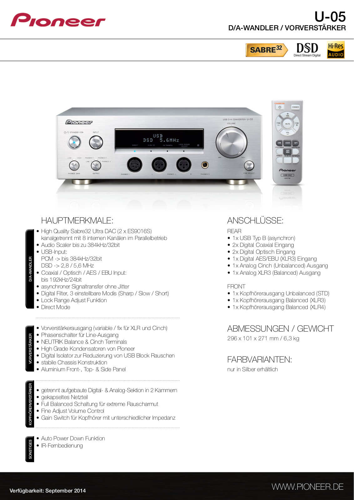 Pioneer U-05 Technical data