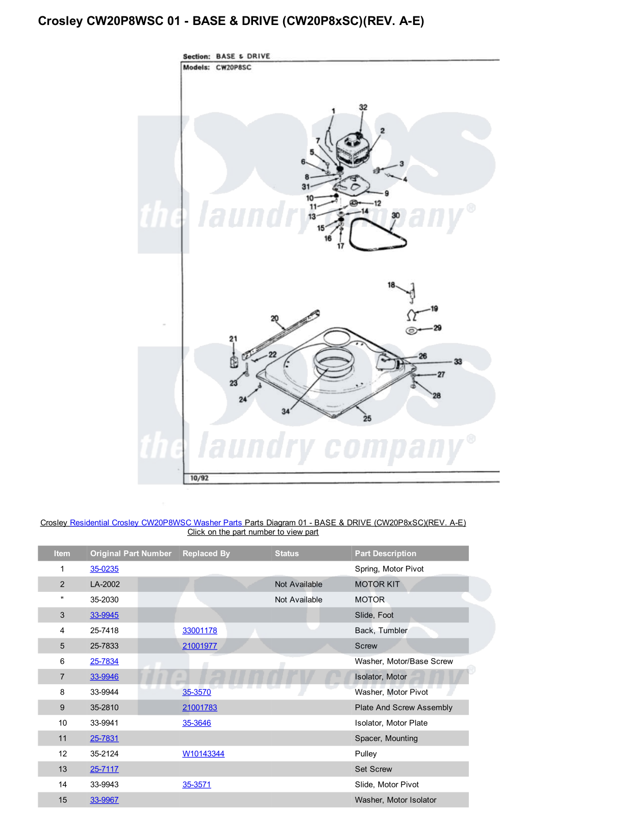 Crosley CW20P8WSC Parts Diagram