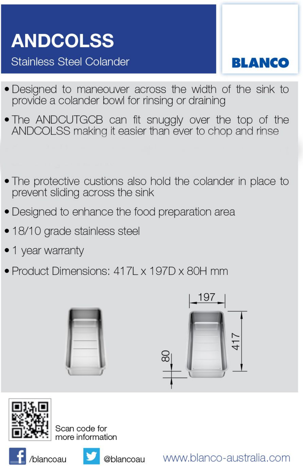 Blanco ANDCOLSS Specifications Sheet