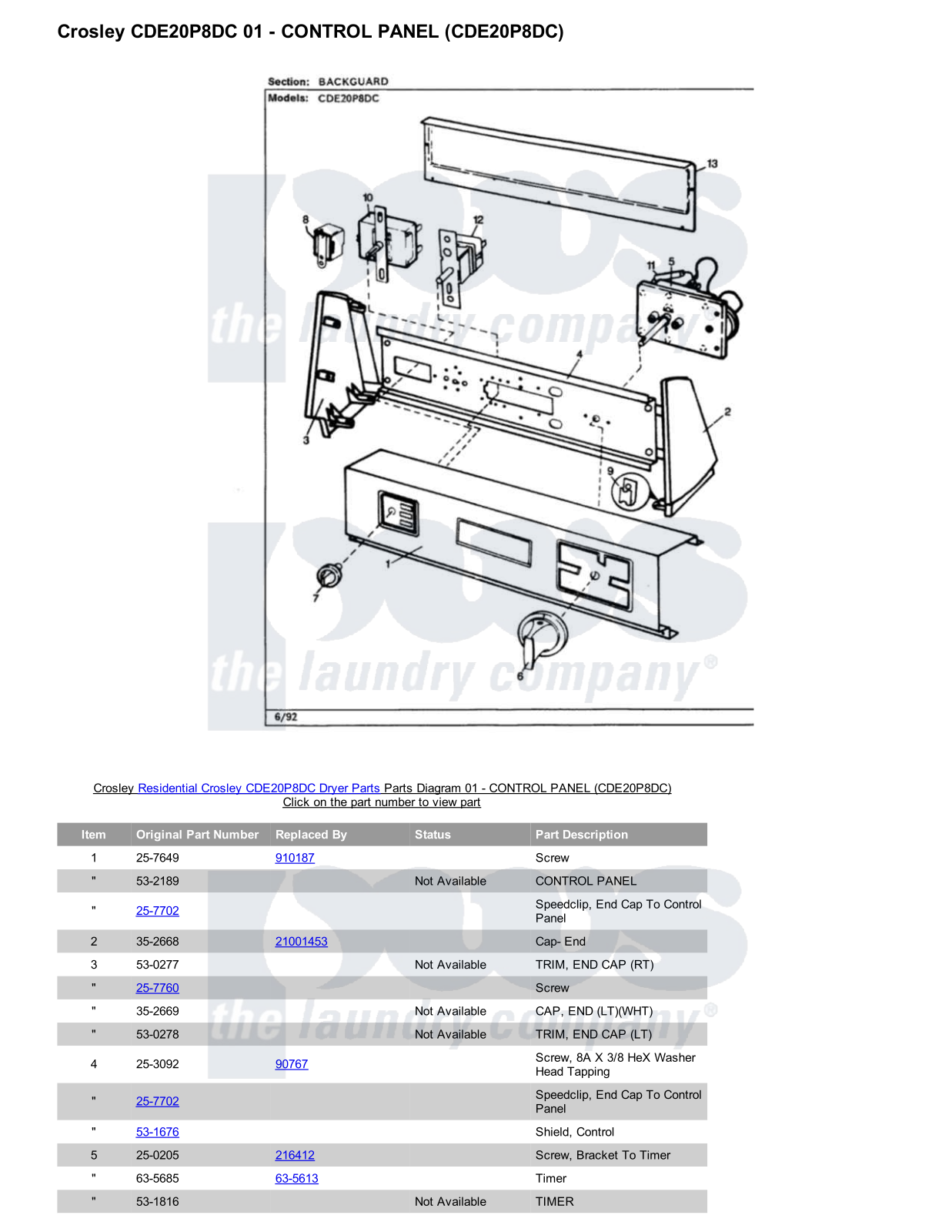 Crosley CDE20P8DC Parts Diagram