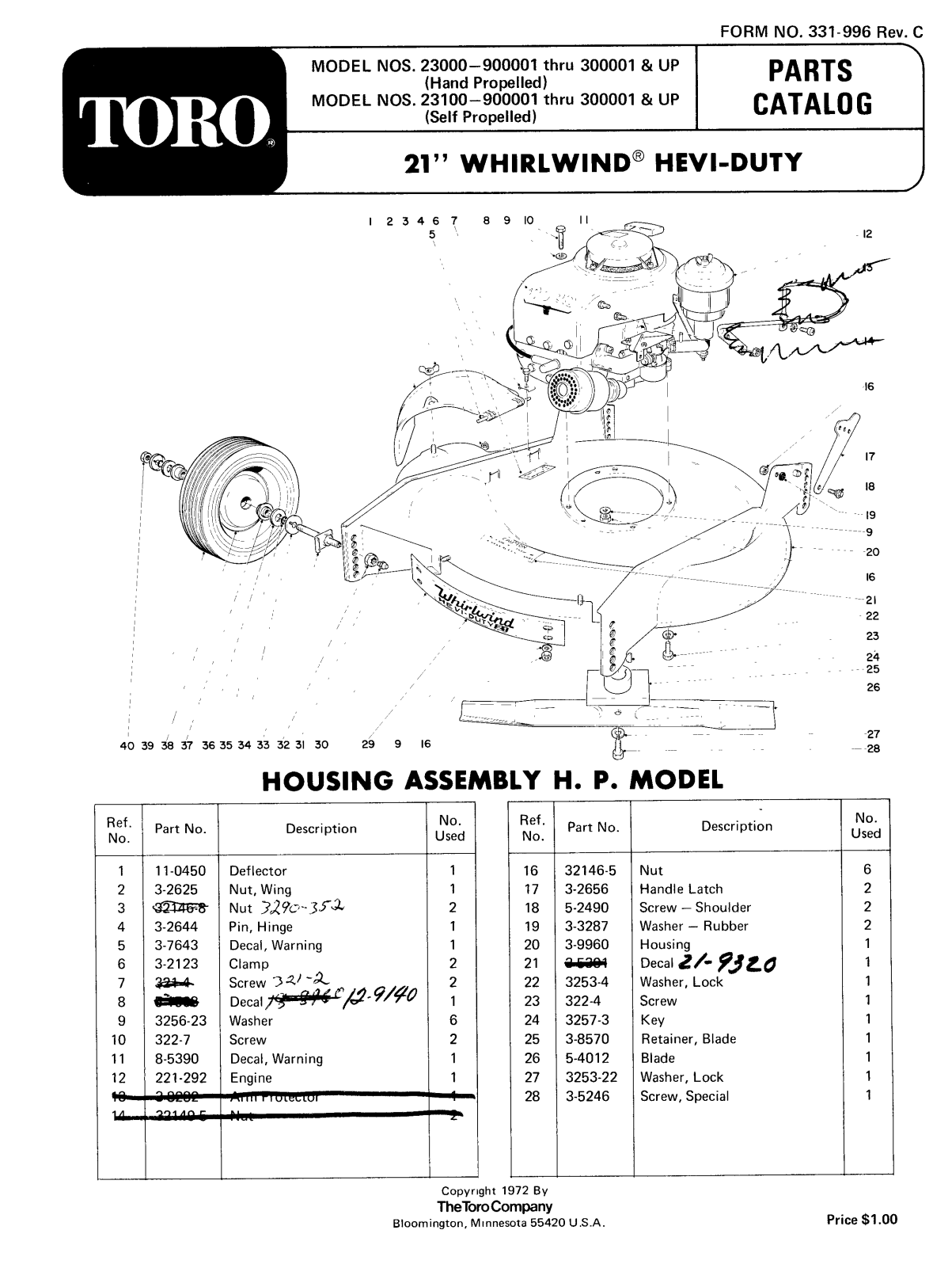 Toro 23000, 23100 Parts Catalogue