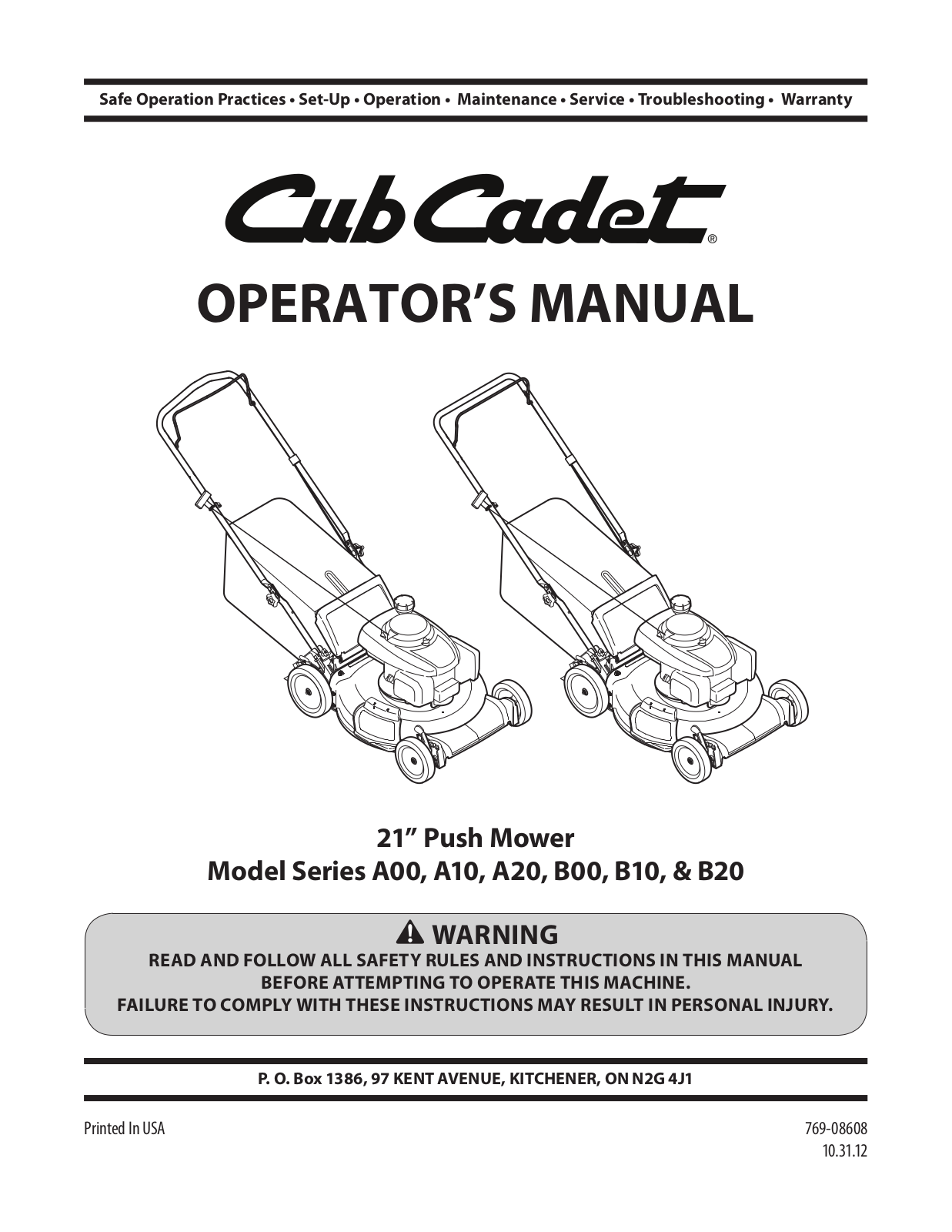 Cub Cadet A00 series, A20 series, A10 series, B00 series, B10 series Operator's Manual