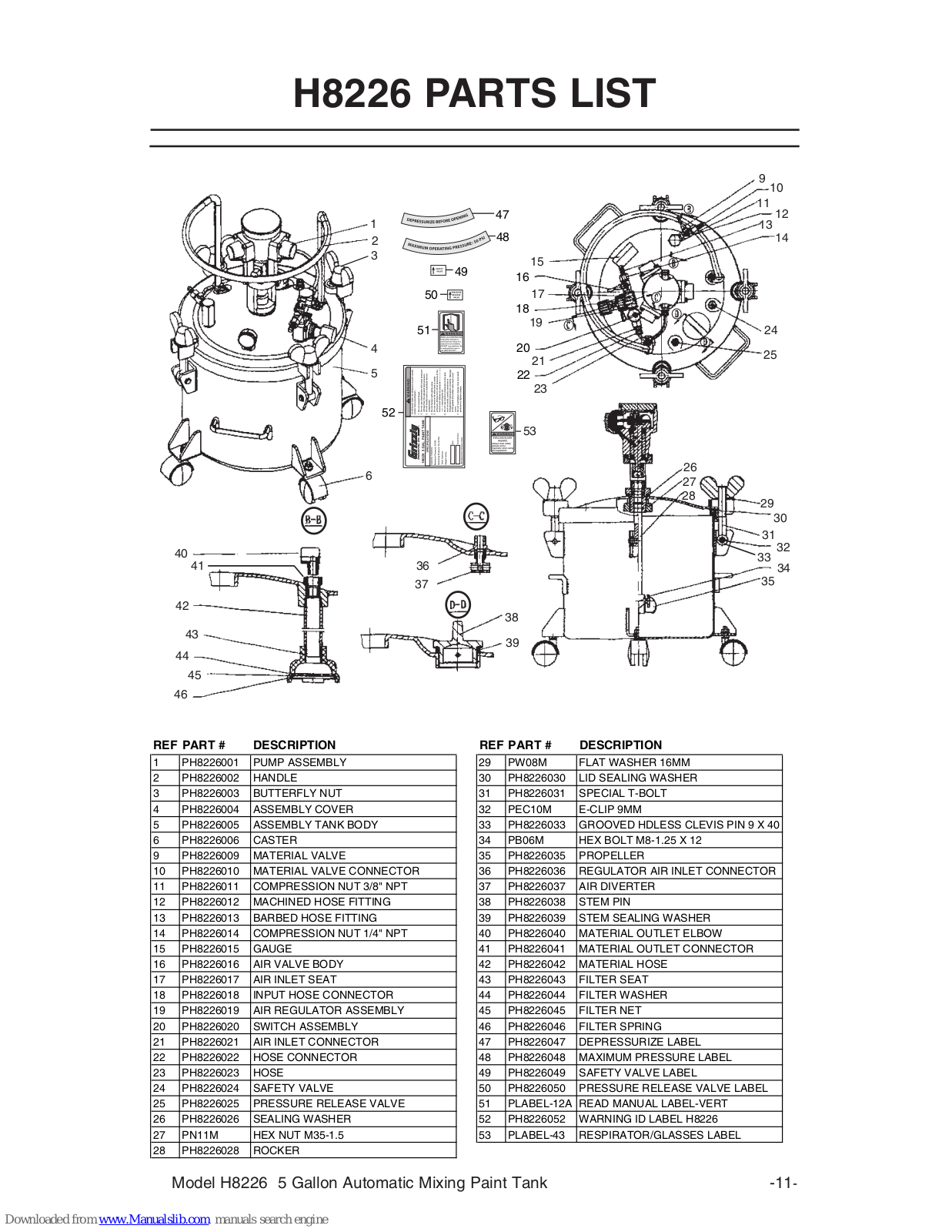 Grizzly Automatic Mixing Paint Tank H8226 Parts List