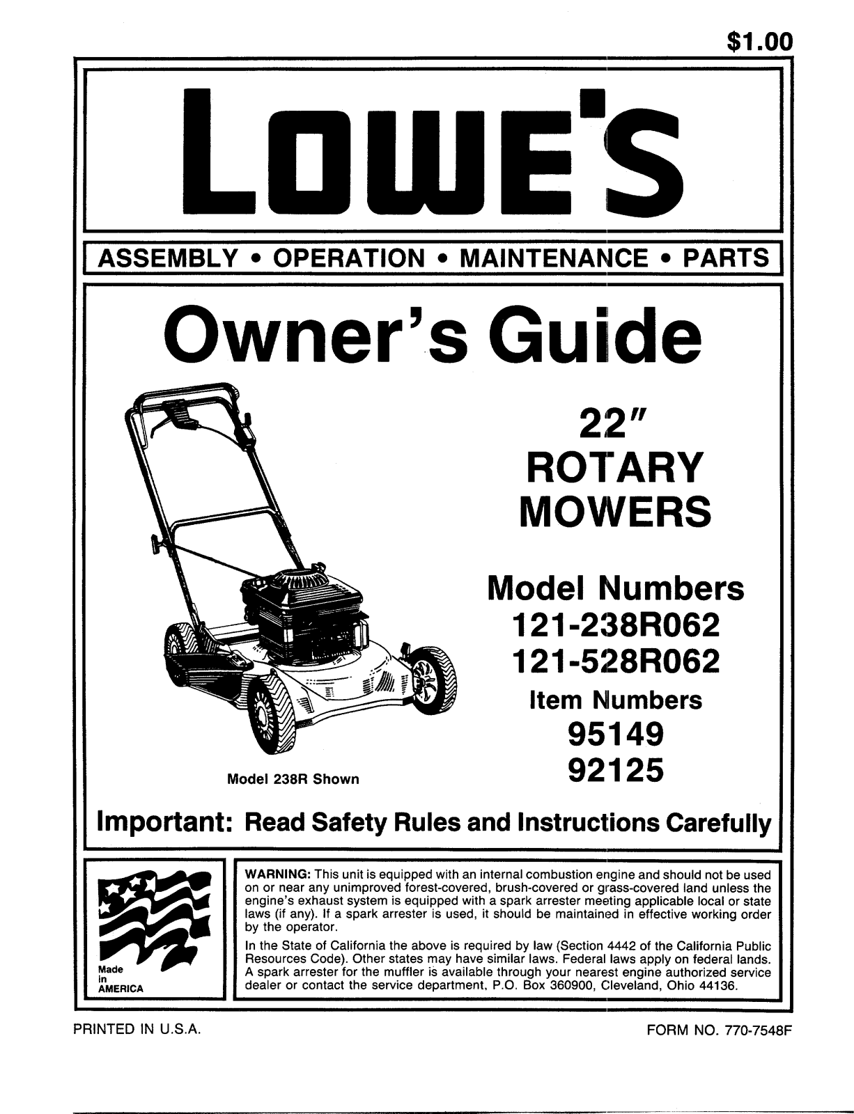 MTD 121-238R062, 121-528R062 User Manual